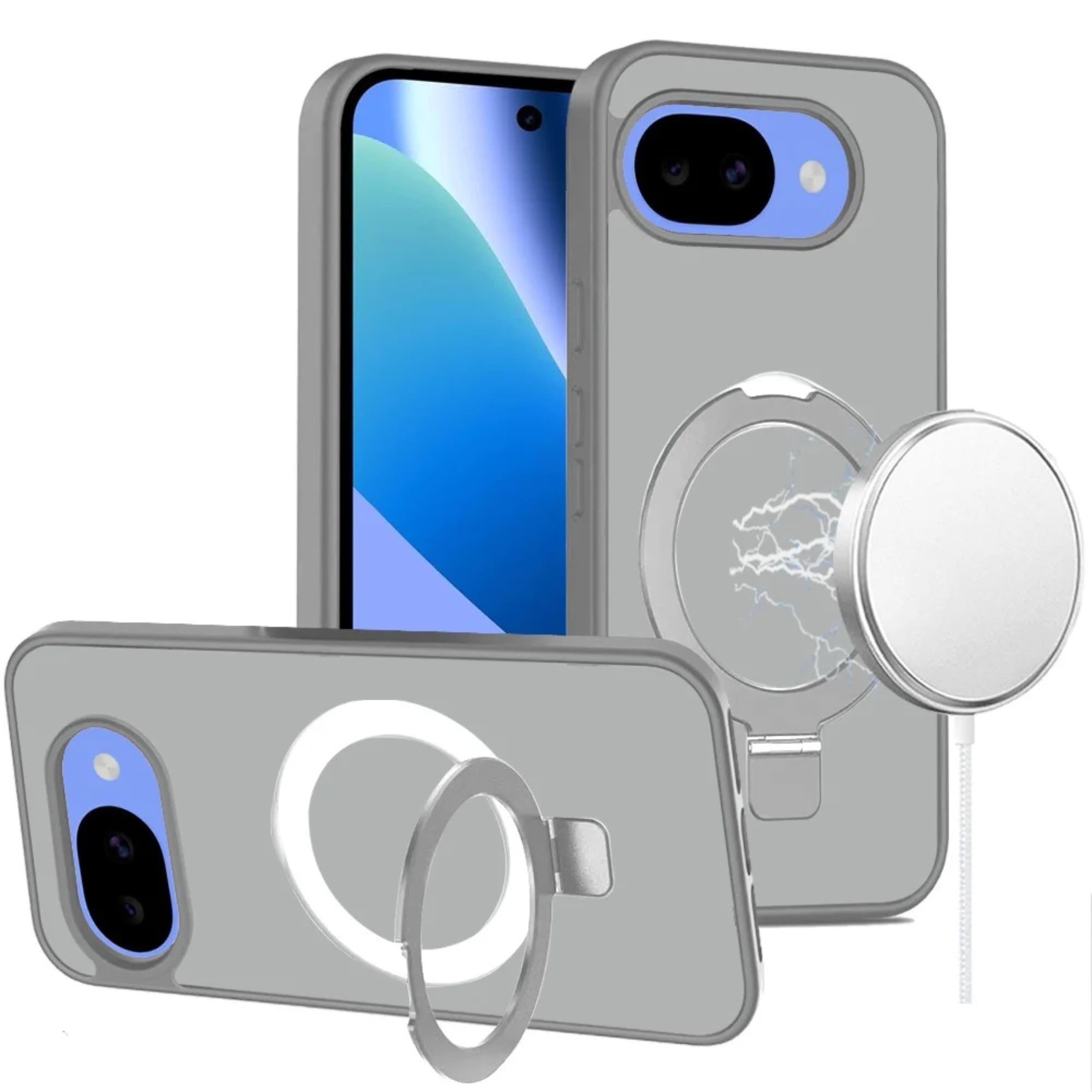 Front. Kitcheniva - Matte Finish Metal Circle Ring Stand Rugged Cover Phone Case With Tempered Glass For Google Pixel 10a Grey - Gray.