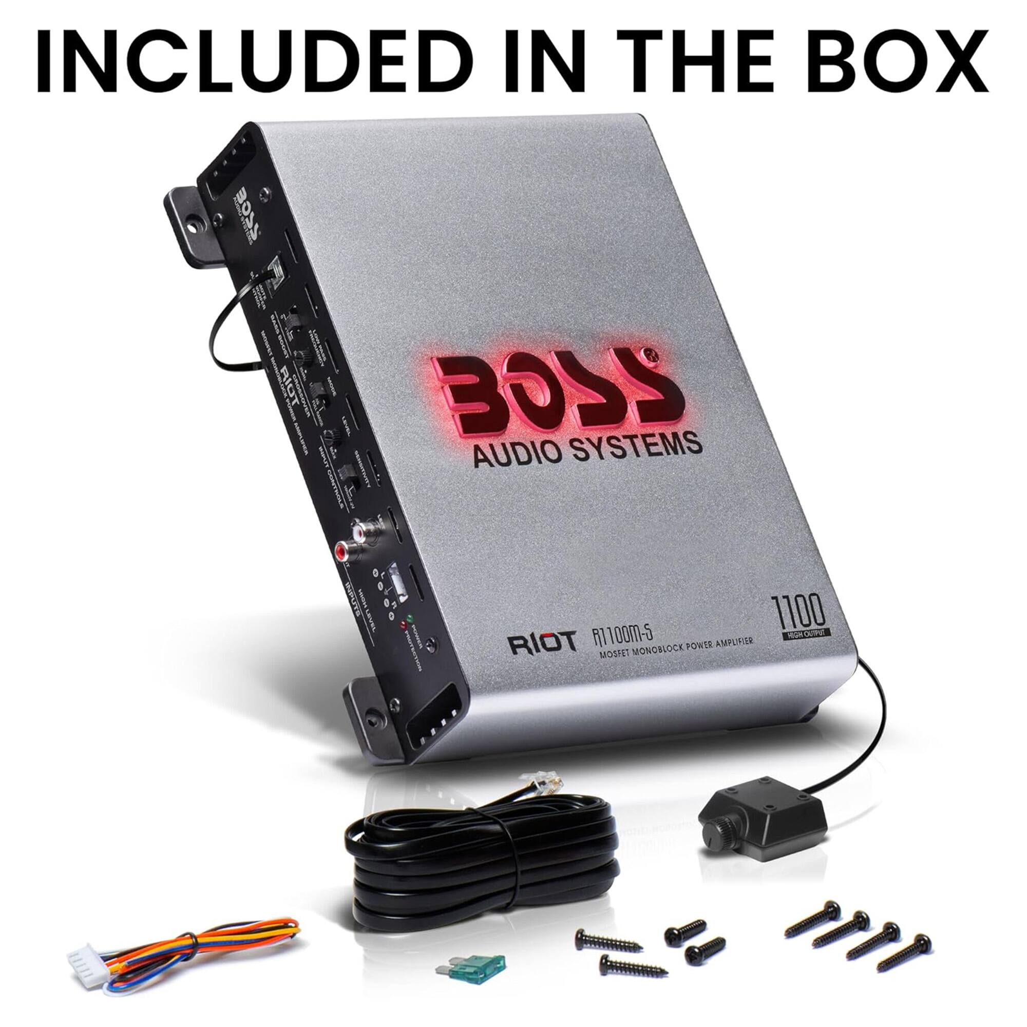 INCLUDED IN THE BOX

BOSS AUDIO SYSTEMS

RIOT
A1100m-S
MOSFET MONOBLOCK POWER AMPLIFIER

1100 WATT