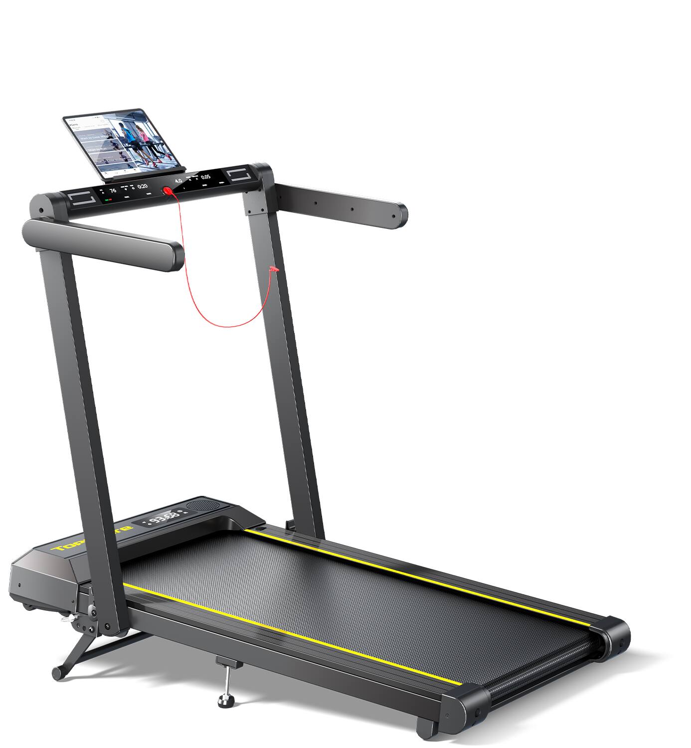 Angle. Toputure - Walking Pad Treadmill with 12% Incline,  for Home/Office with Handle Bar, Portable with App & Bluetooth Speaker - Black.