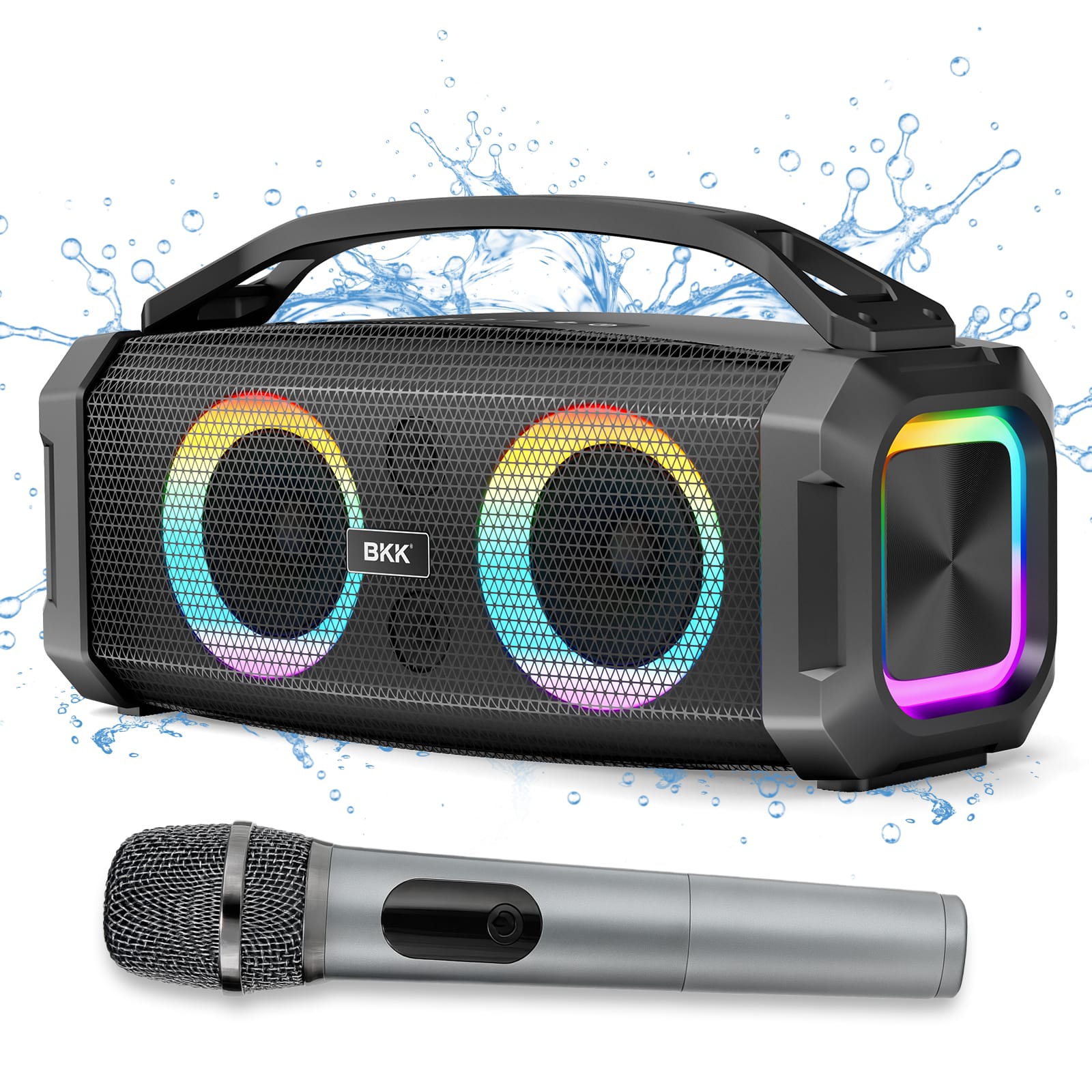 Sugift - Portable Bluetooth Speaker with Wireless Microphone, Deep Bass & RGB Lights, Waterproof