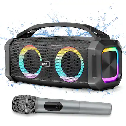 Front. Sugift - Portable Bluetooth Speaker with Wireless Microphone, Deep Bass & RGB Lights, Waterproof.