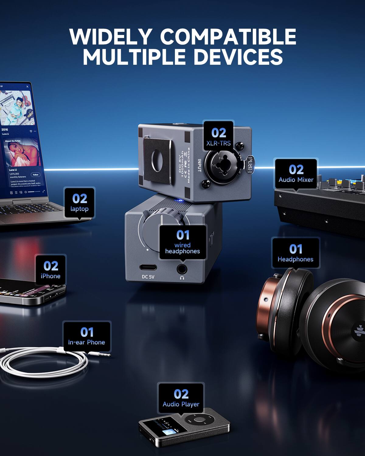 WIDELY COMPATIBLE MULTIPLE DEVICES

SSM Sunara

- Ama Laa a E LAPL.AN

- 02 laptop
- China 1U8U
- UOUMAN E 31

Made 02 XLR-TRS INPUT PUSH

- 02 Audio Mixer
- 02 iPhone
- 01 wired headphones DC 5V
- 01 Headphones
- 01 In-ear Phone
- 02 Audio Player