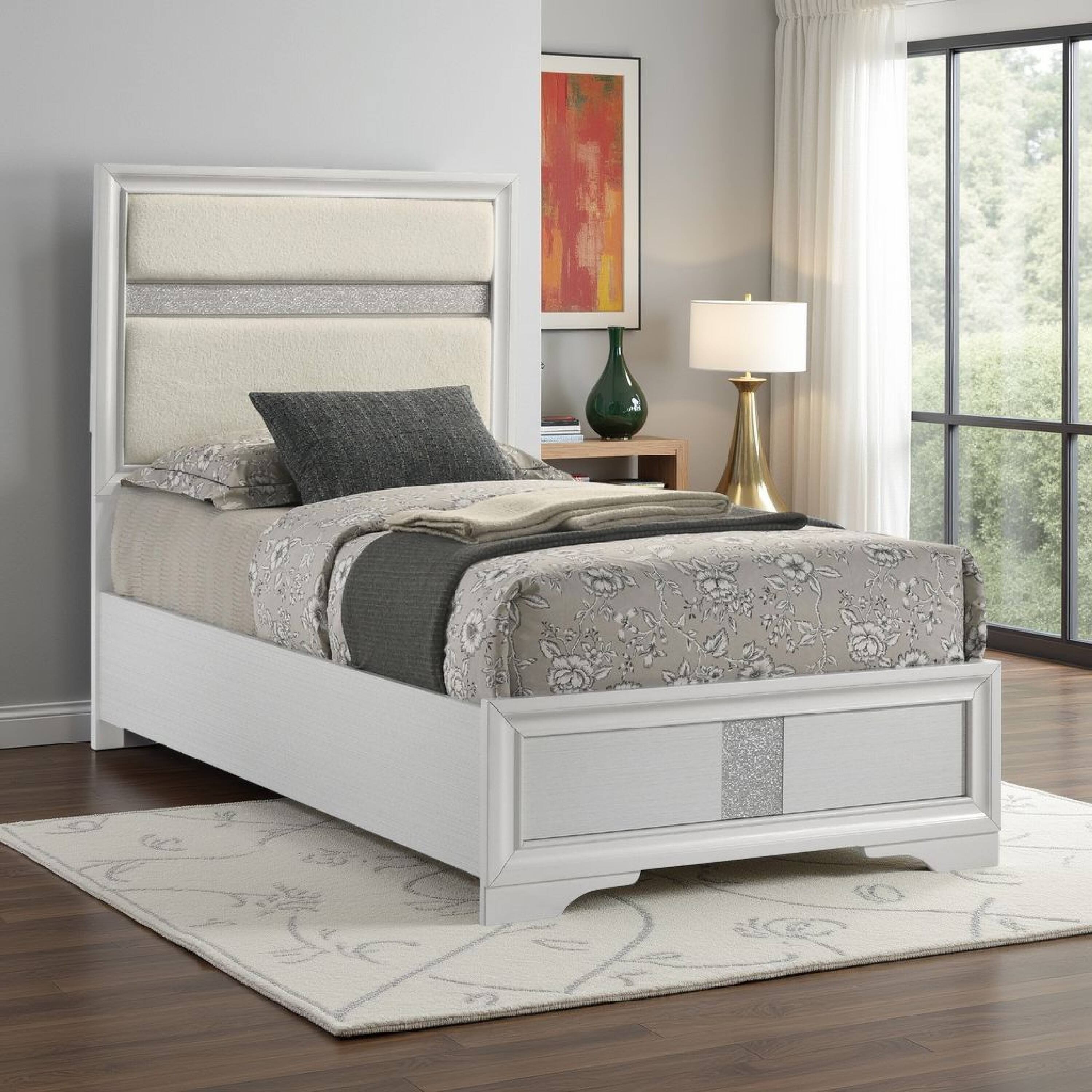 Alt View 5. Manhattan Lane - Vino Twin Size Bed, Panel Headboard, White Upholstery, Glitter Stripes - White.