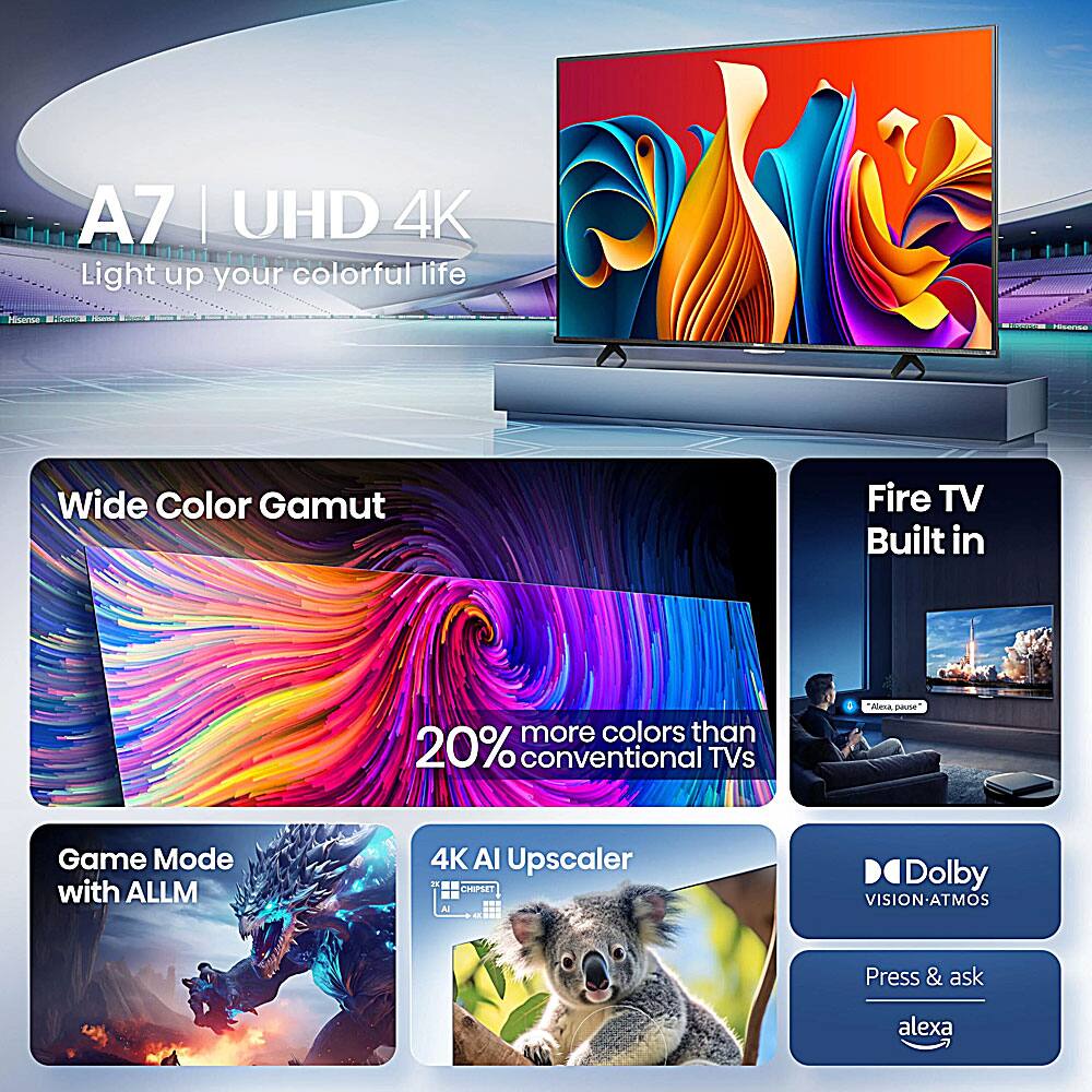A7 | UHD 4K  
Light up your colorful life

Wide Color Gamut  
20% more colors than conventional TVs

Fire TV Built in

Game Mode with ALLM

4K AI Upscaler

Dolby VISION-ATMOS

Press & ask alexa