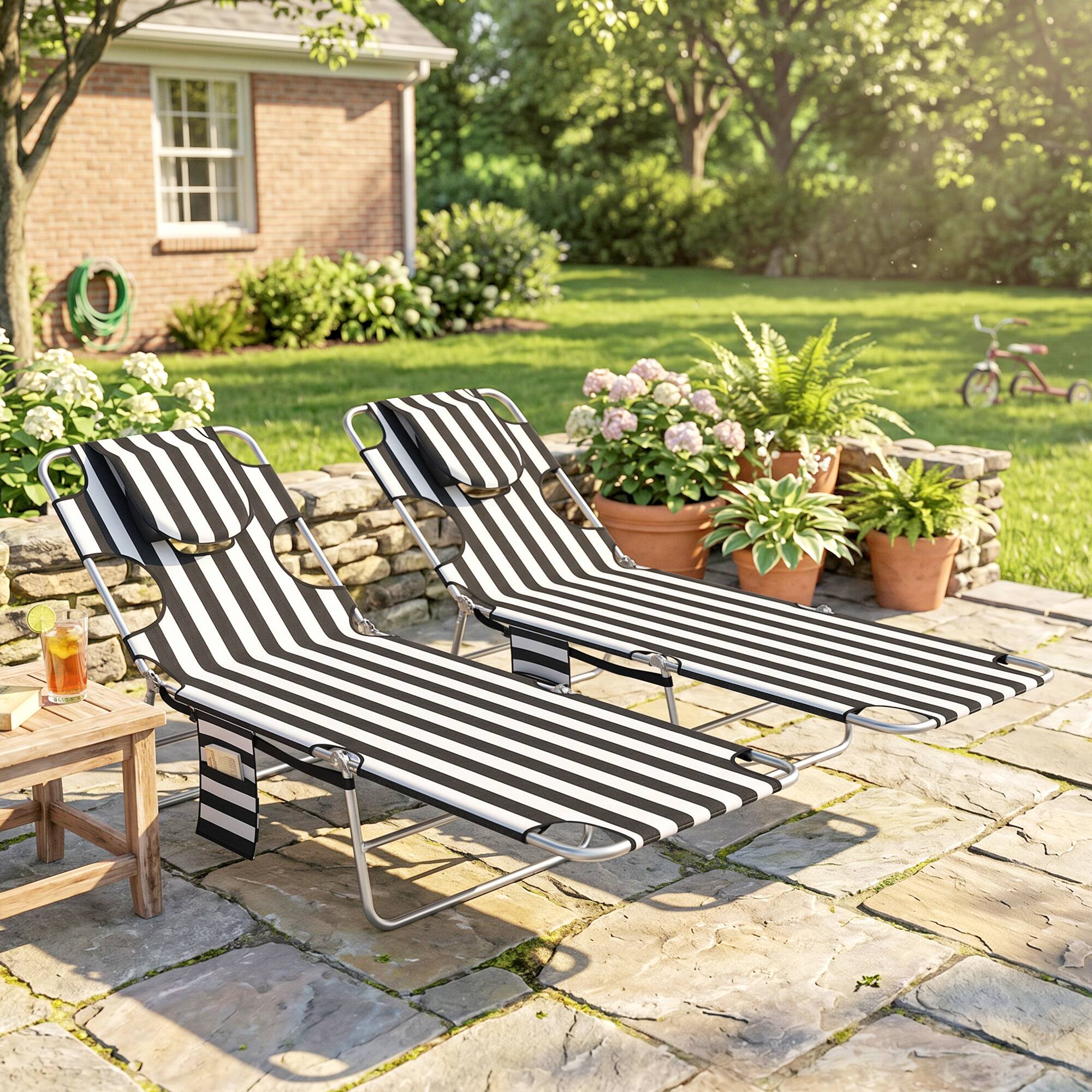 Alt View 1. Outsunny - Lounge Chairs Set of 2 Face Arm Hole Folding Bed Cot Carry Strap Side Pocket Black - Black Stripe.