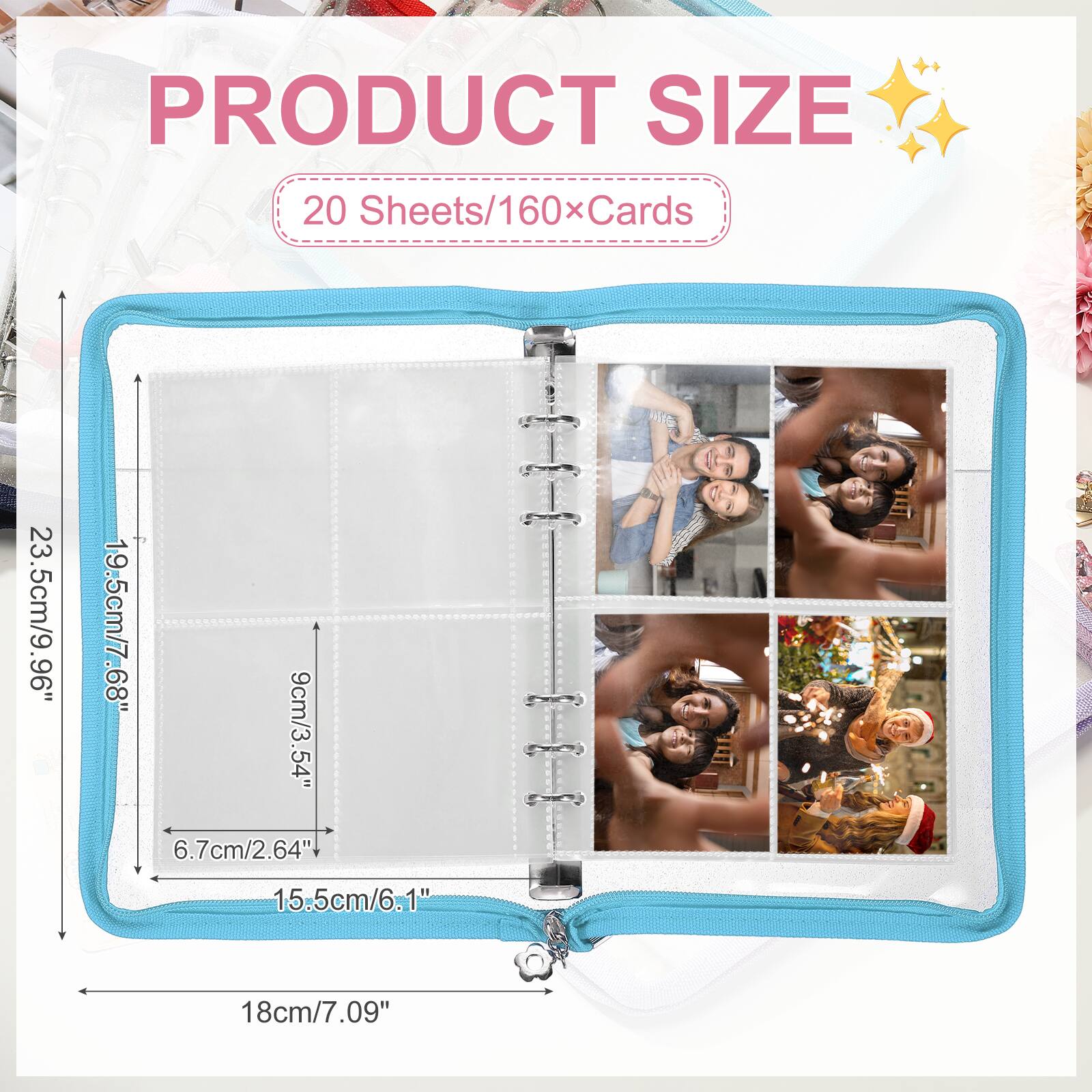 PRODUCT SIZE  
20 Sheets/160 Cards  
23.5cm/9.96"  
19.5cm/7.68"  
9cm/3.54"  
6.7cm/2.64"  
15.5cm/6.1"  
18cm/7.09"