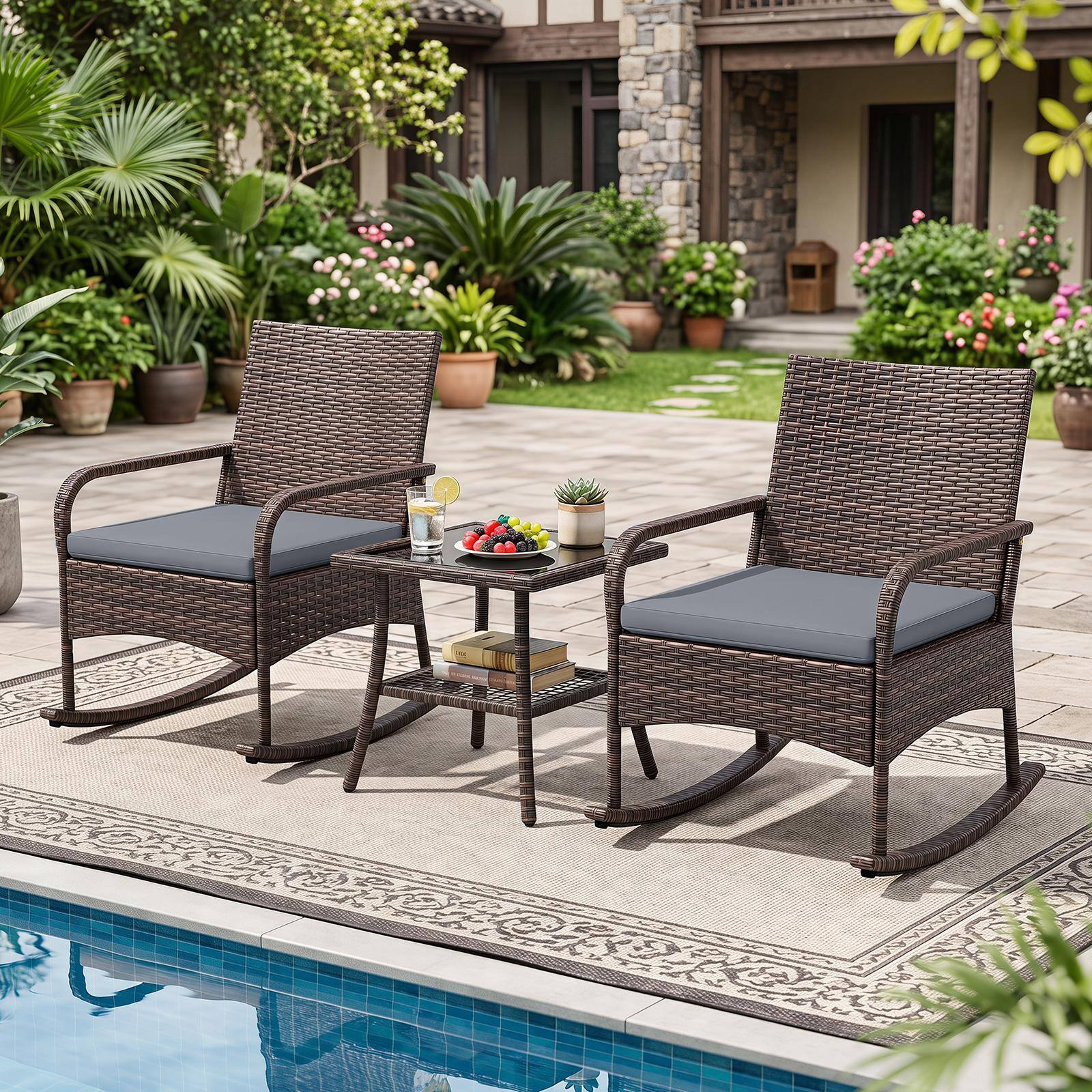 Alt View 4. Costway - Costway 3 PCS PE Wicker Rocking Bistro Set with 2-Tier Side Table, Cushions & Armchairs - Mix Brown+Gray.