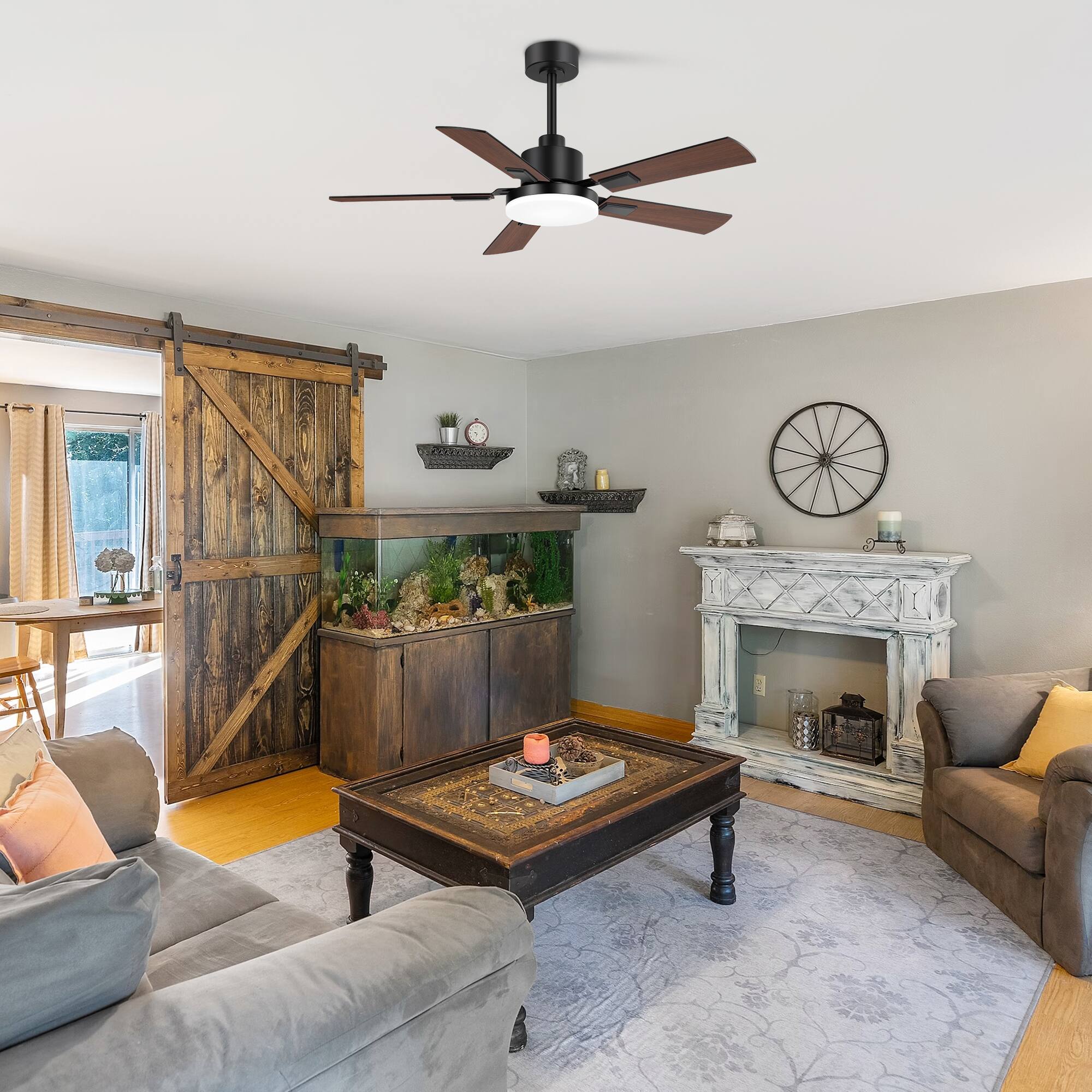 Alt View 2. Breezary - 48" Modern Indoor Ceiling Fan with 3-Color Light, Remote Control, 6 Speeds,  5''&10'' Downrods, DC Motor, Timer - Matte Black and Dark Wood Grain.