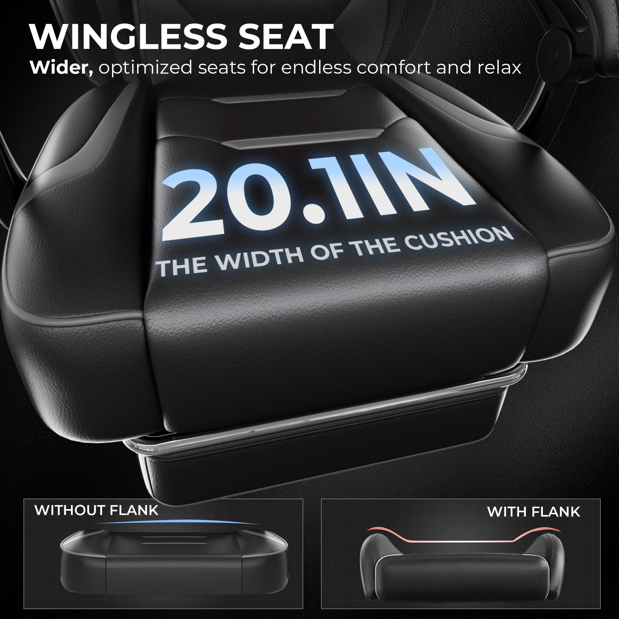 WINGLESS SEAT Wider, optimized seats for endless comfort and relax 20.1IN OF THE CUSHION THE WIDTH WITHOUT FLANK WITH FLANK