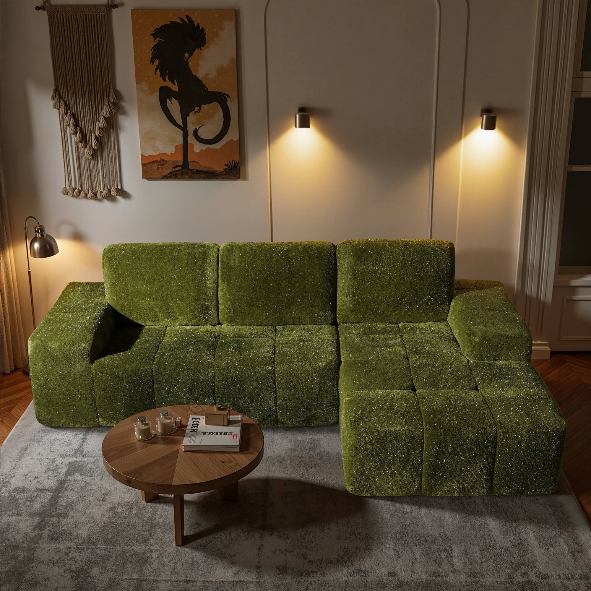 Ovios - 114" Starlight Fabric Sectional Sofa with Comfy Chaise, Boneless L-Shaped Couch for Living Room - Green(Right Facing)