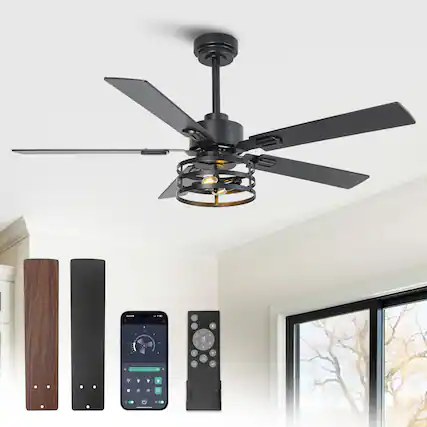 Front. Vaczon - 52" Industrial Black 6-Speed Metal Cage Ceiling Fan with Light and APP - Black.