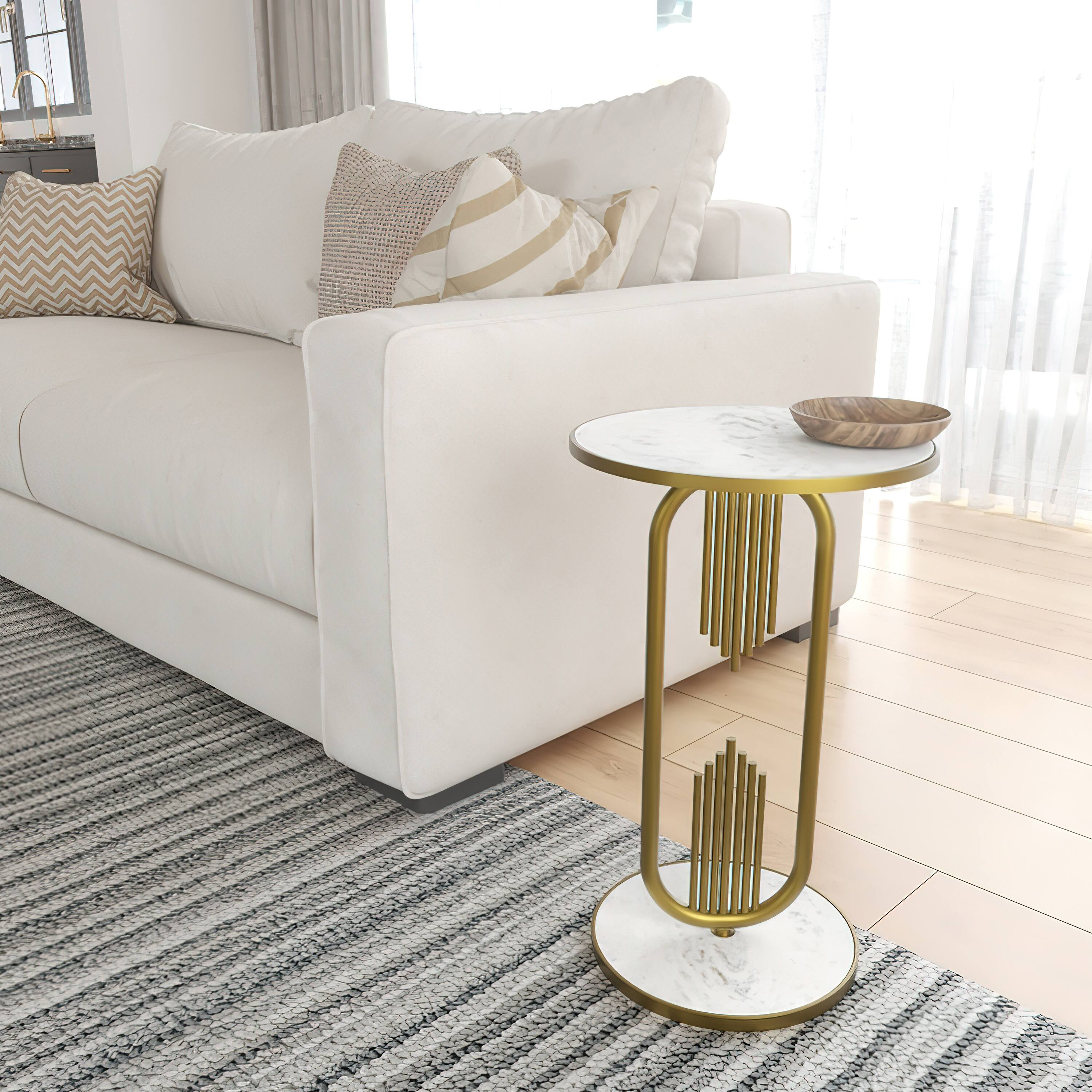 Alt View 9. Manhattan Lane - Soho Side End Table with Round Marble Top, Gold Oblong Frame, 21-Inch Height - Gold, White.