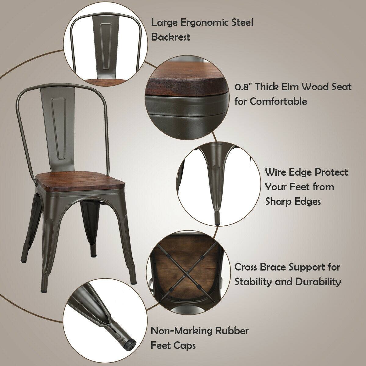 - Large Ergonomic Steel Backrest
- 0.8" Thick Elm Wood Seat for Comfortable
- Wire Edge Protect Your Feet from Sharp Edges
- Cross Brace Support for Stability and Durability
- Non-Marking Rubber Feet Caps