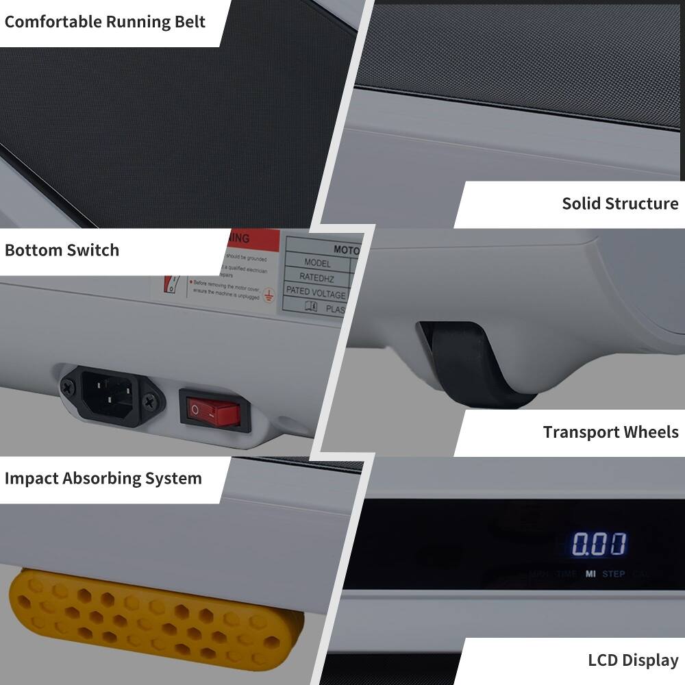 Comfortable Running Belt  
Solid Structure  
Bottom Switch  
Impact Absorbing System  
Transport Wheels  
LCD Display