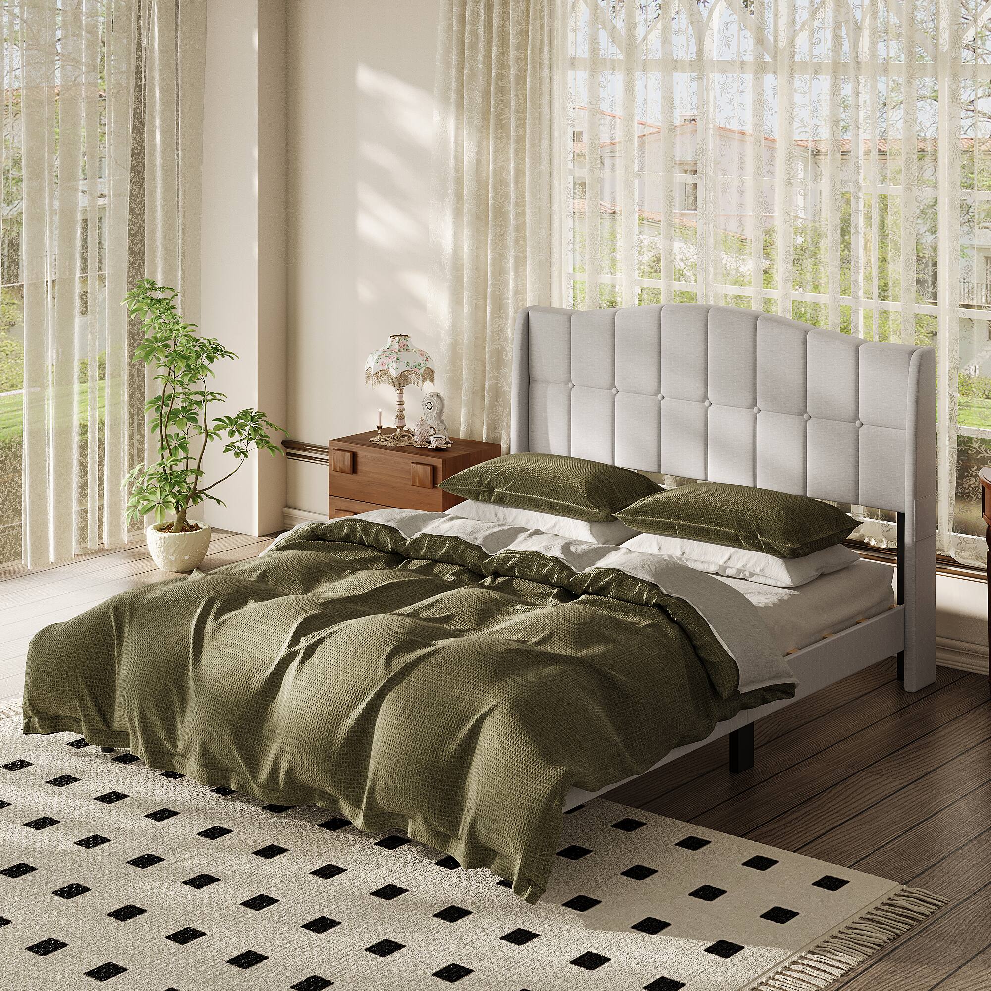 Alt View 4. Famapy - Famapy Upholstered Bed Frame: Tufted Headboard, Reinforced Slats & Quiet Stability - Gray.