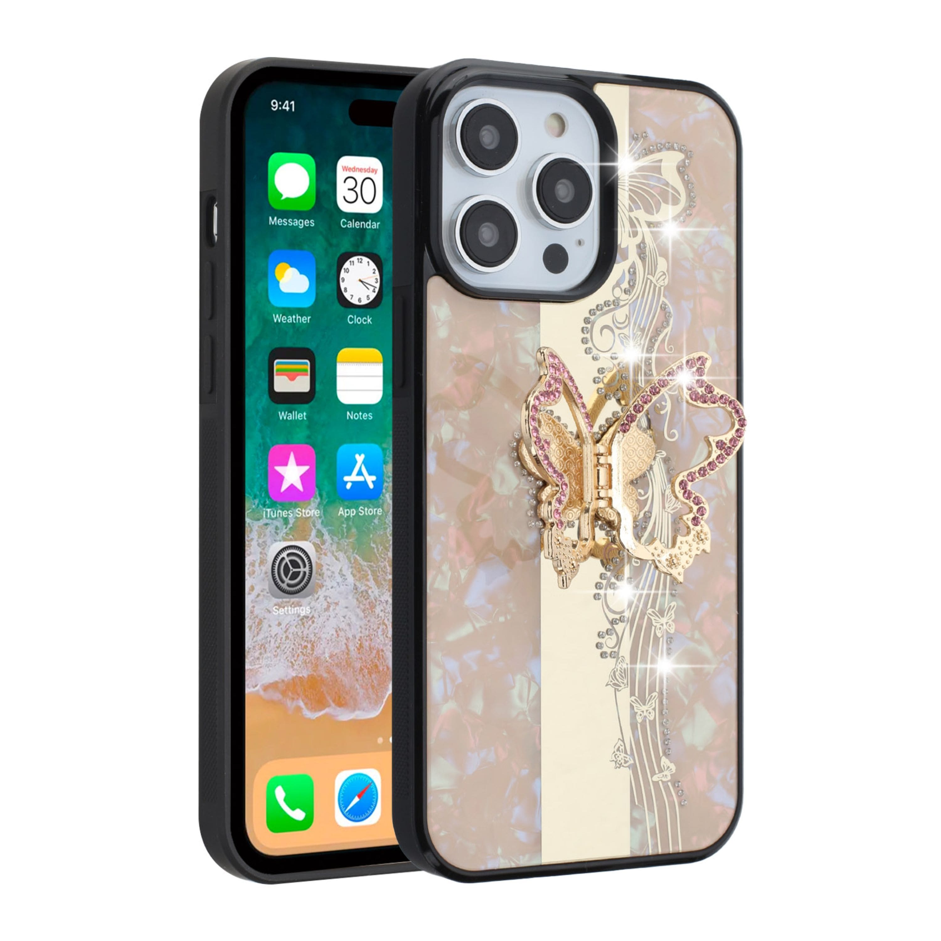 Kitcheniva - Rhinestone Glitter Butterfly Design Phone Case With 2 Pcs Tempered Glass For iPhone 15 Pro Max - Gold price history on PriceWatchPro