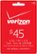 Front. Verizon Wireless Prepaid - $45 Top-Up Card - Red.