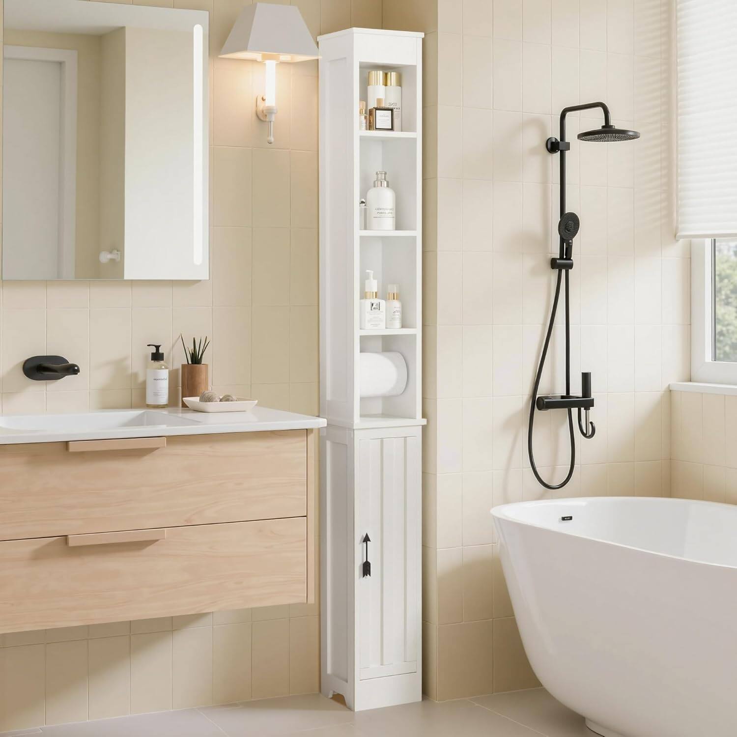 Vecelo - Tall Slim Bathroom Storage Cabinet, Freestanding Waterproof Linen Tower with Adjustable Shelves for Small Spaces - Classic