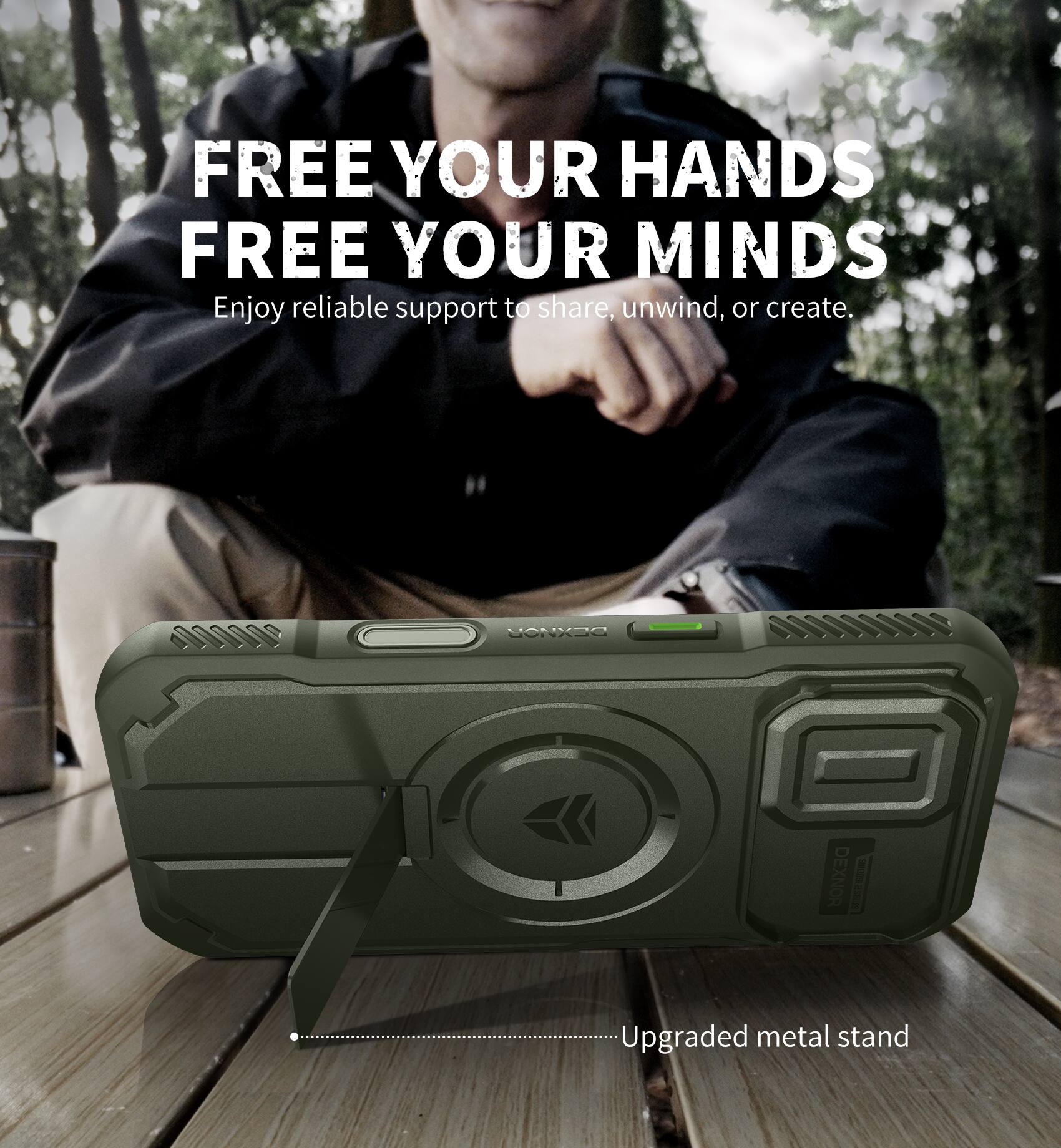 FREE YOUR HANDS  
FREE YOUR MINDS  
Enjoy reliable support to share, unwind, or create.  

SEXROU DEXNOR  
Upgraded metal stand