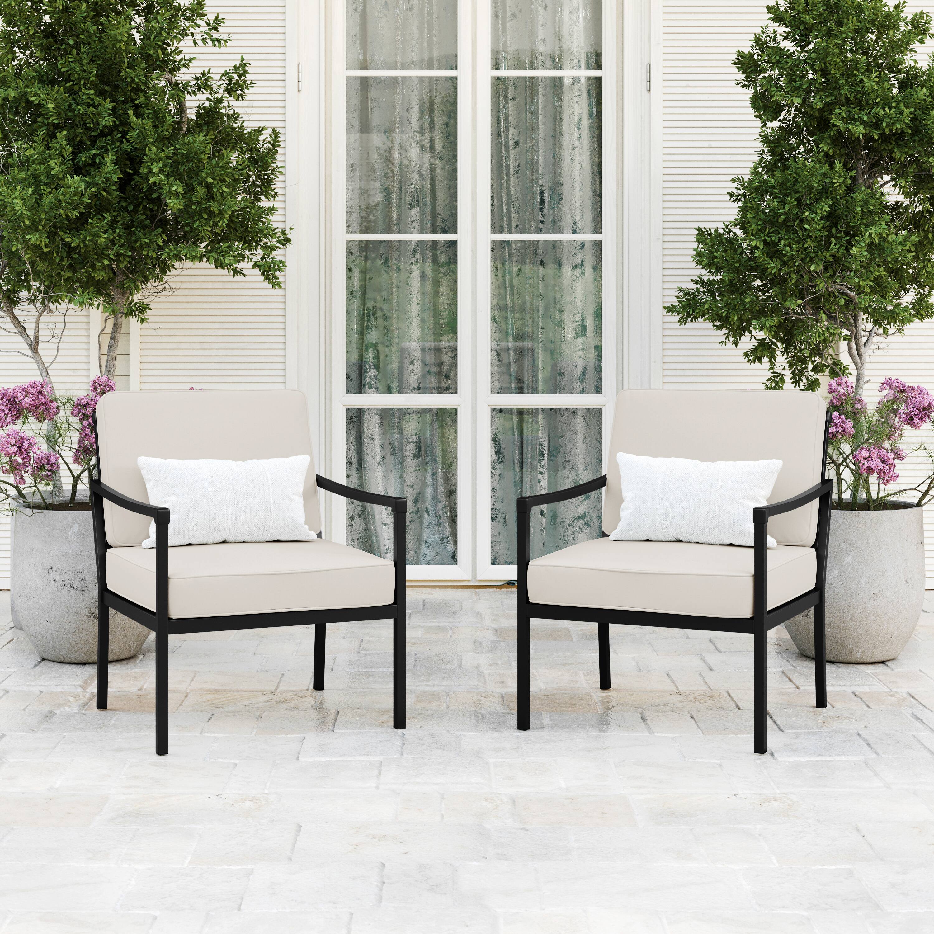 Alt View 1. Martha Stewart - Lily Pond All-Weather Steel Frame Patio Chairs with Cushions - Set of 2 - Cream Cushions/Black Frame.