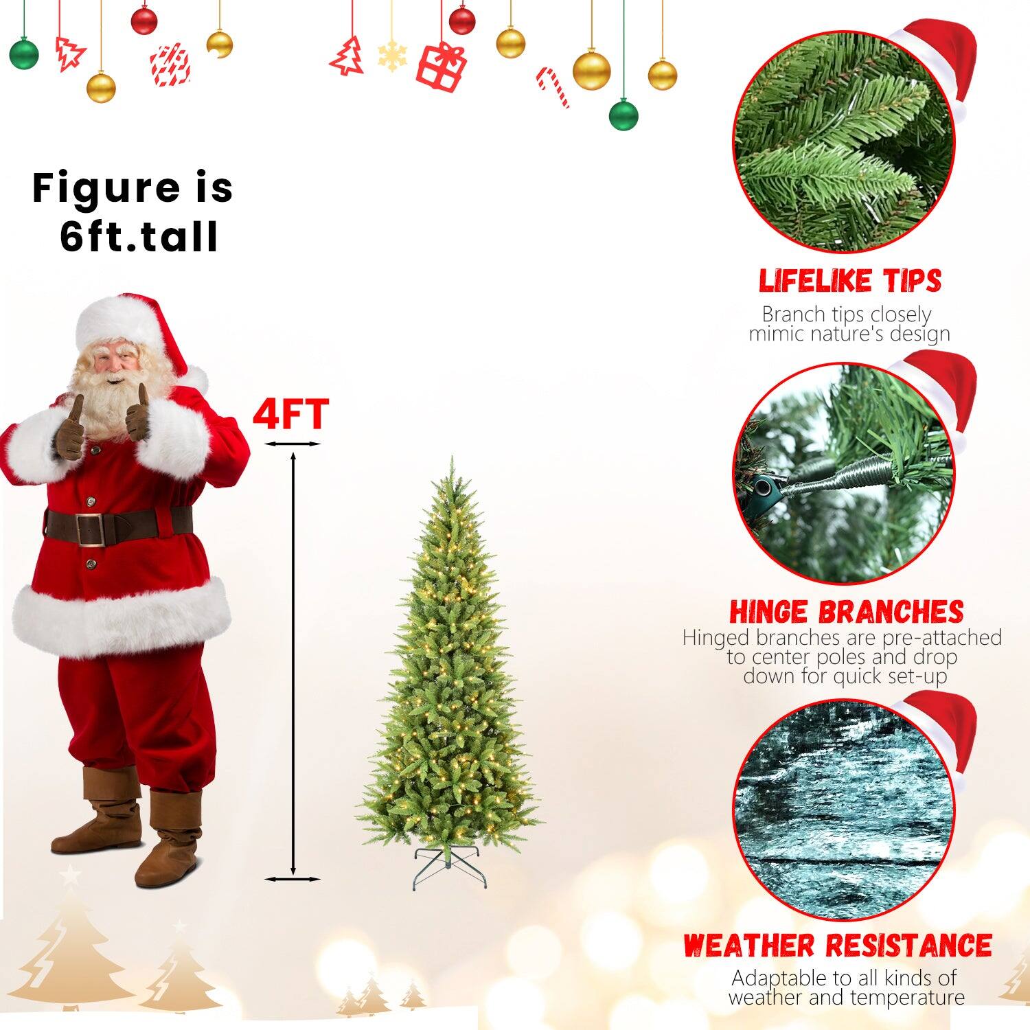 - Figure is 6ft. tall
- 4FT
- LIFELIKE TIPS: Branch tips closely mimic nature's design
- HINGE BRANCHES: Hinged branches are pre-attached to center poles and drop down for quick set-up
- WEATHER RESISTANCE: Adaptable to all kinds of weather and temperature