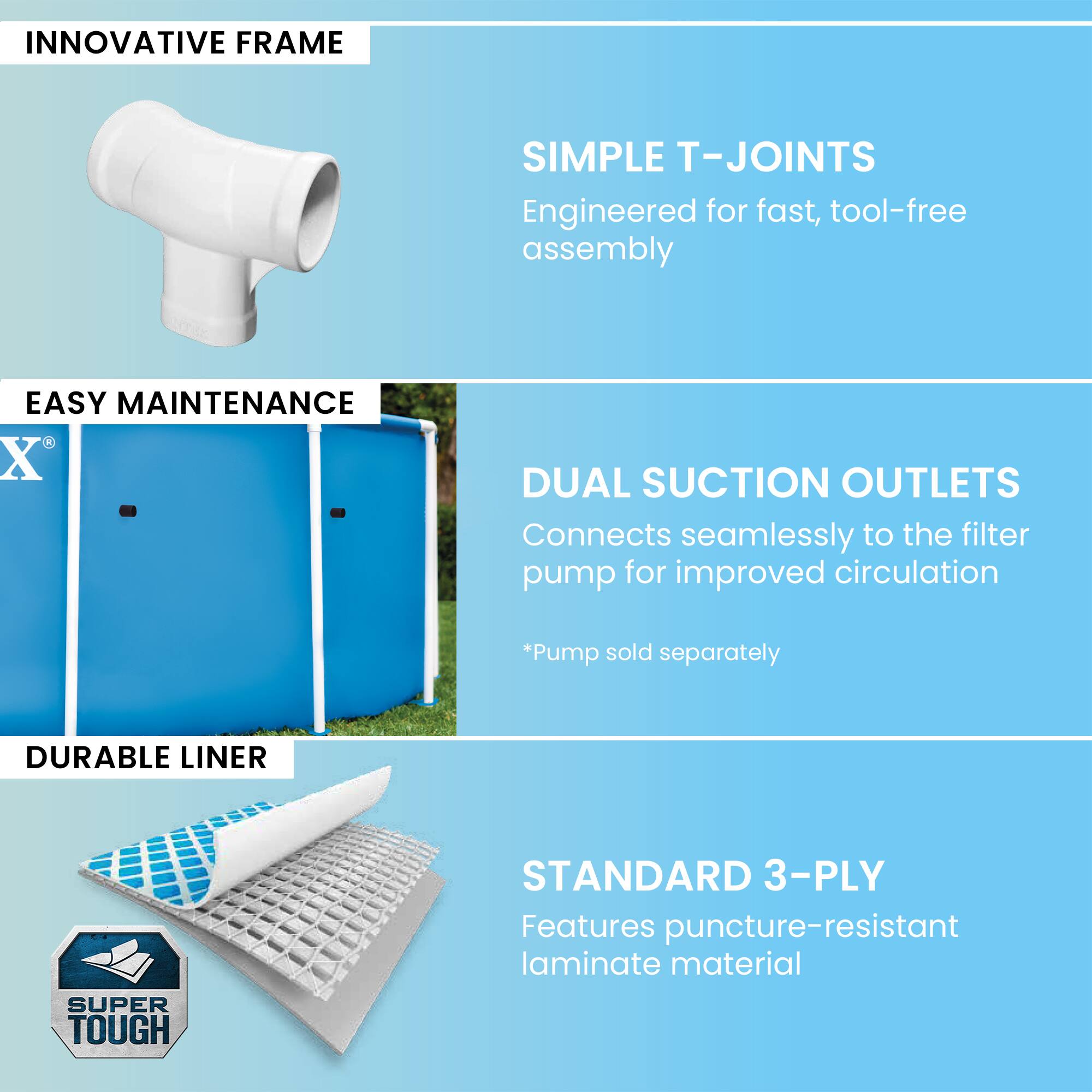 INNOVATIVE FRAME  
SIMPLE T-JOINTS  
Engineered for fast, tool-free assembly  

EASY MAINTENANCE  
DUAL SUCTION OUTLETS  
Connects seamlessly to the filter pump for improved circulation  
*Pump sold separately  

DURABLE LINER  
STANDARD 3-PLY  
Features puncture-resistant laminate material  

SUPER TOUGH