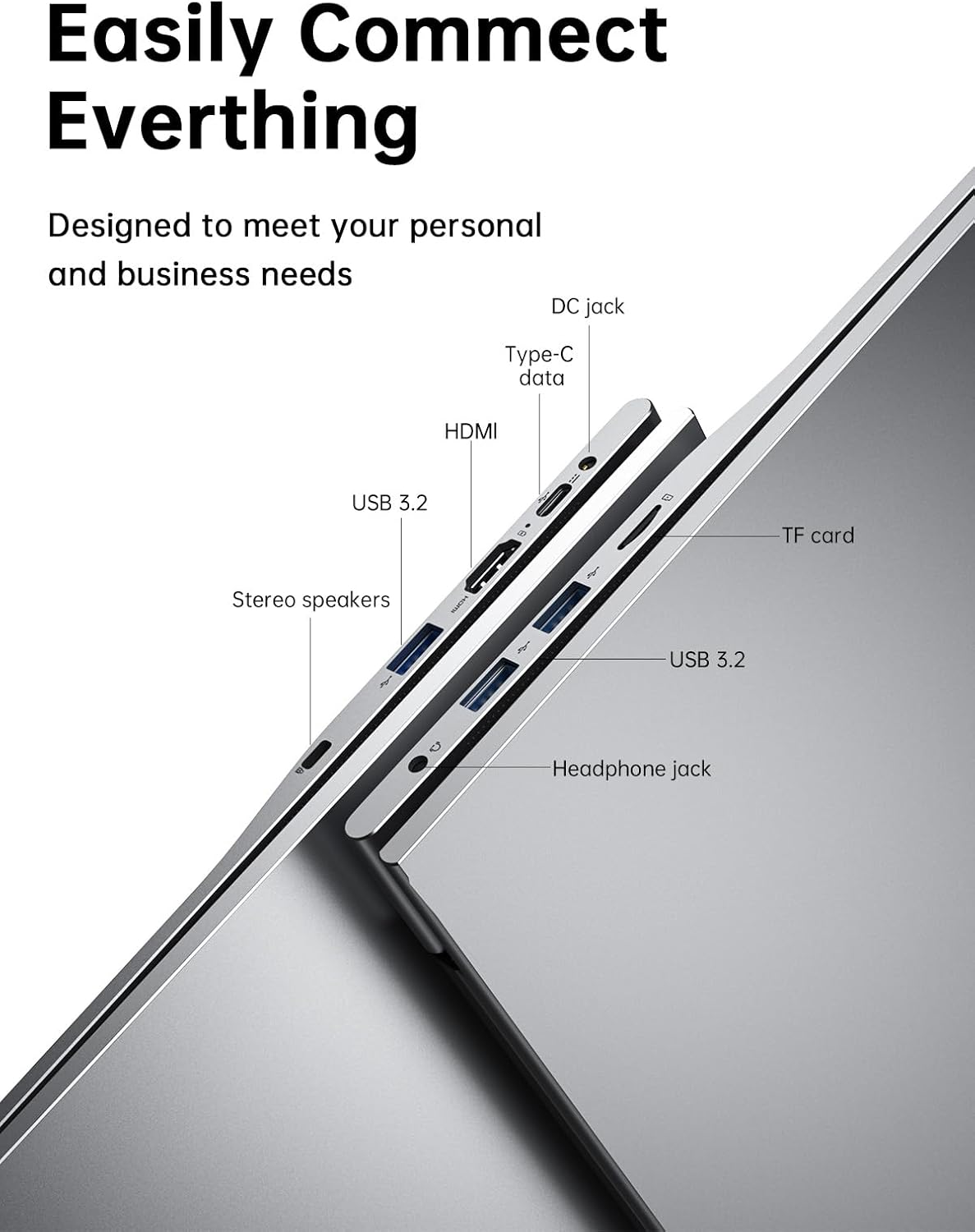 Easily Connect Everything

Designed to meet your personal and business needs

- DC jack
- Type-C data
- HDMI
- USB 3.2
- TF card
- Stereo speakers
- USB 3.2
- Headphone jack