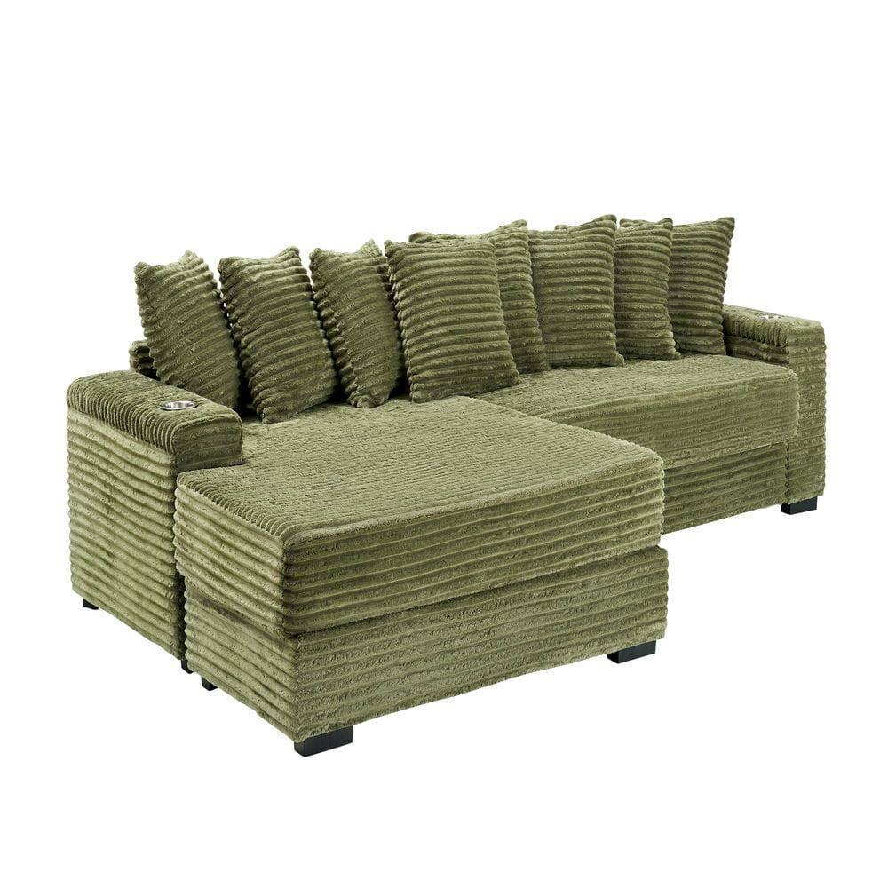 Alt View 1. Kadyn - 111.4" Reversible Chaise Sectional, Corduroy Fabric with Armrest Storage and Cup Holders, Green - Green.