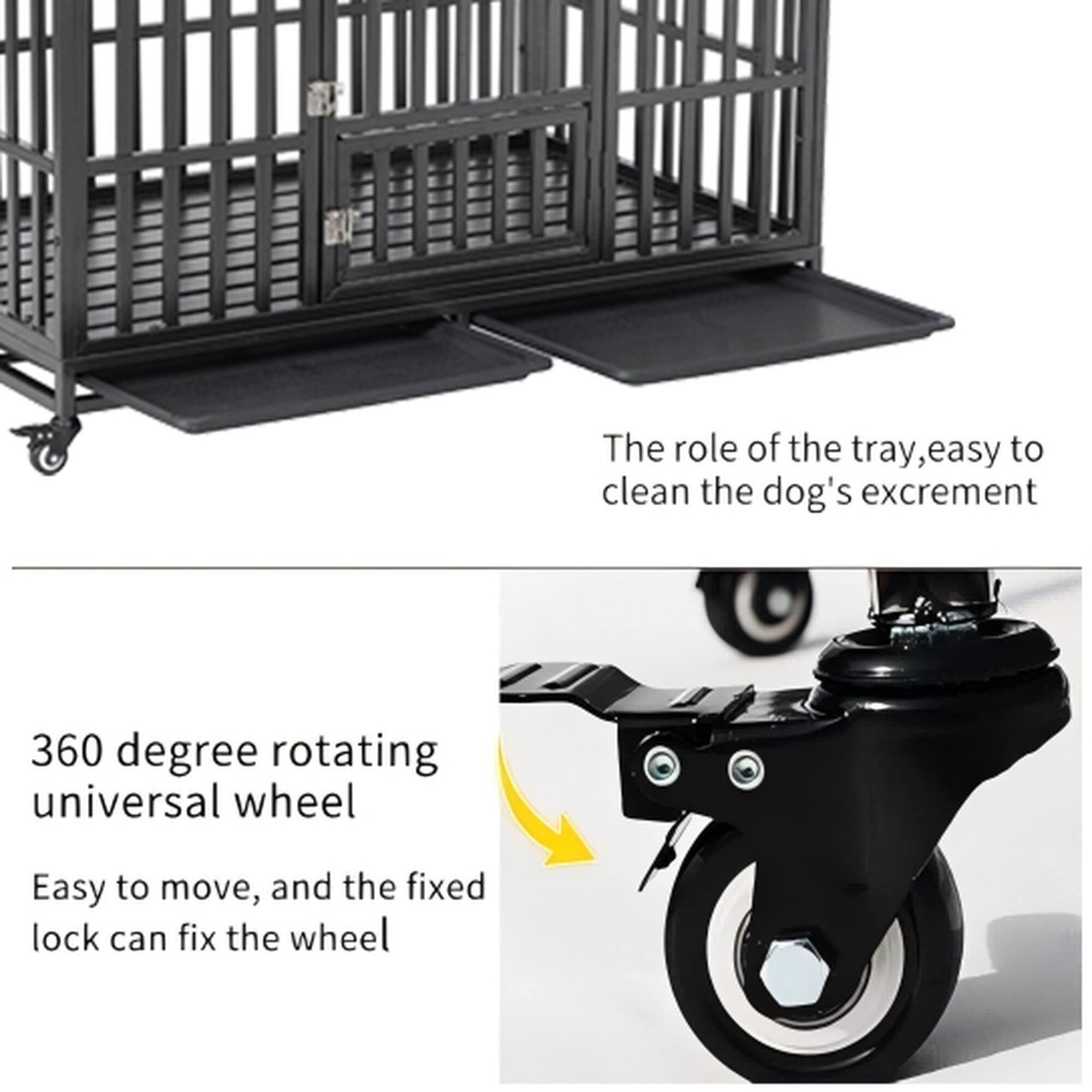 The role of the tray, easy to clean the dog's excrement  
360 degree rotating universal wheel  
Easy to move, and the fixed lock can fix the wheel