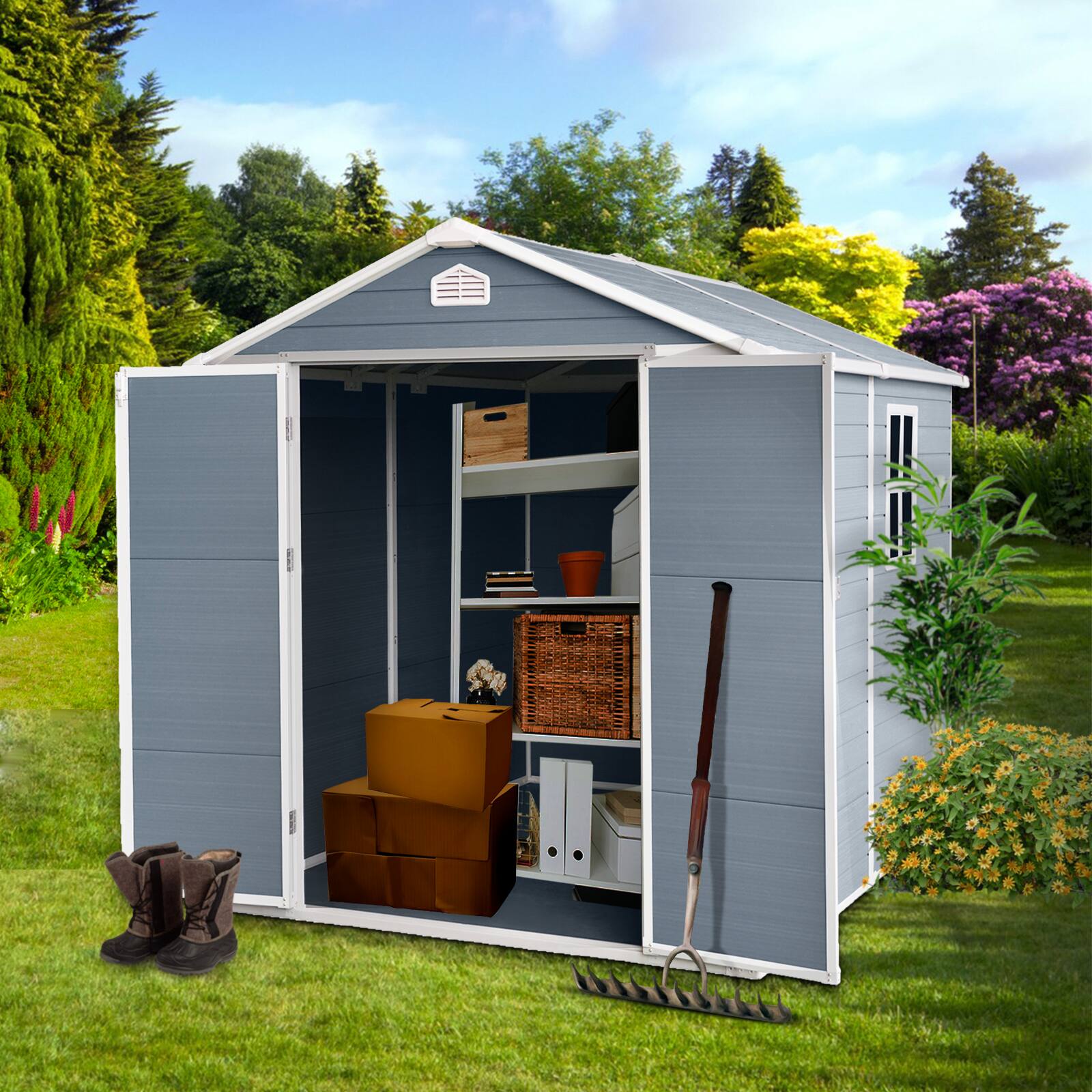 Angle. Mondawe - 8x6ft Resin Outdoor Storage Shed - Grey.