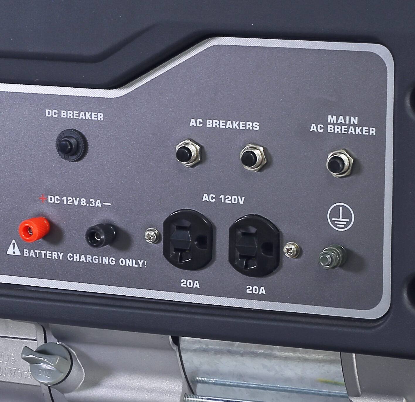 DC BREAKER  
DC 12V 8.3A  

AC BREAKERS  
AC 120V  
20A  

MAIN AC BREAKER  
20A  

BATTERY CHARGING ONLY!