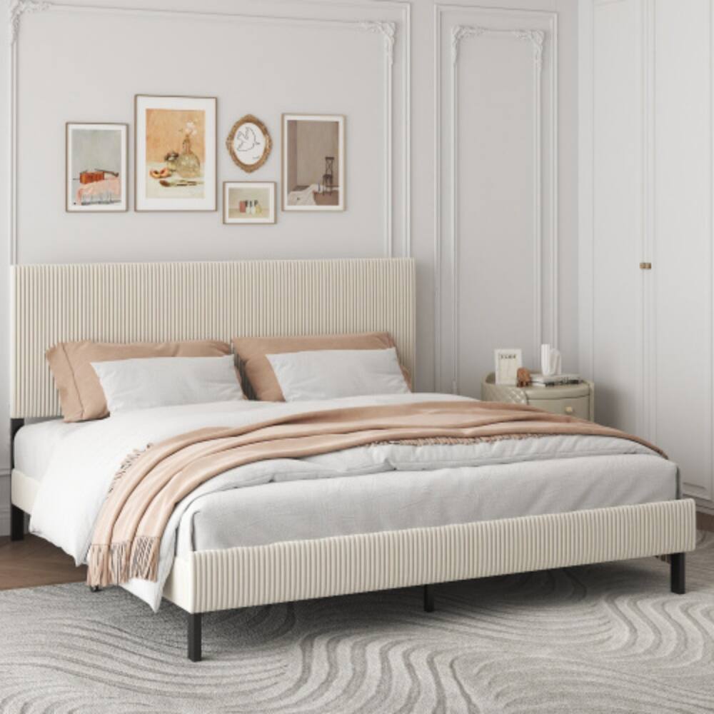 Angle. LUCKY ONE - King Size Platform Bed Frame with Upholstered Headboard, Sturdy Metal Frame, Wood Slats, No Box Spring Needed - Beige.