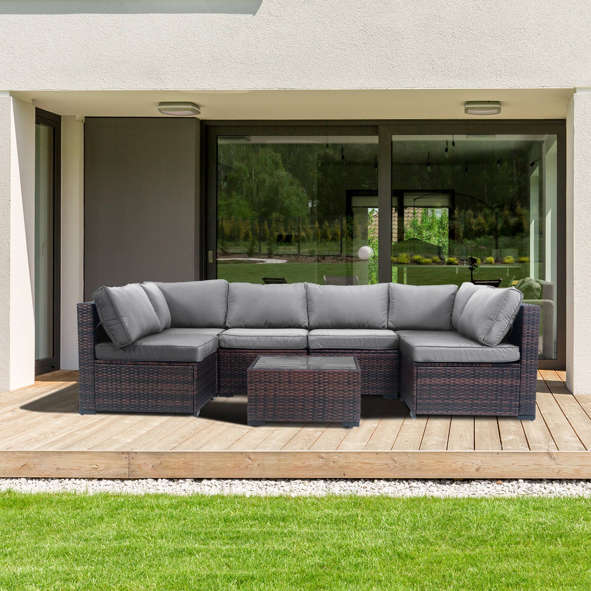 Left. Yardgrace - 7-Piece Wicker Outdoor Furniture Conversation Set with Thick Cushions and Coffee Table - Grey.