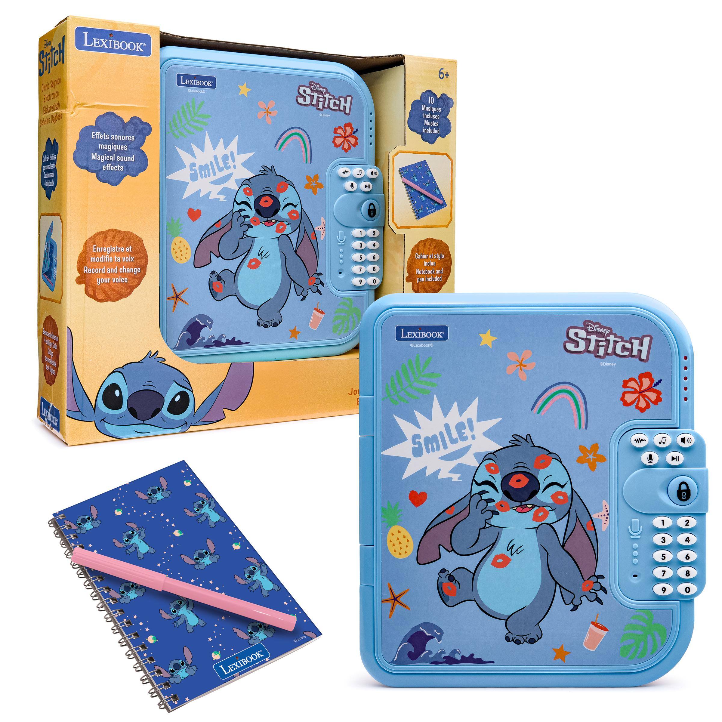 LEXIBOOK Hottle Sugarta LEXIBOOK  
Effets sonores magiques Magical sound effects Smile!  
Shop STITCH (x  
6+ 10 Musiques incluses Musics included  
Enregistre et modifie ta voix Record and change your voice  
Cabier et style inclus Notebook and pen included  
Lepton  
Jo  
LEXIBOOK CLaebooks Smile!  
Disney StitcH OCisney Jj DI  
1  
2  
3  
4  
5  
6  
7  
8  
9  
0  
LEXIBOOK  
they