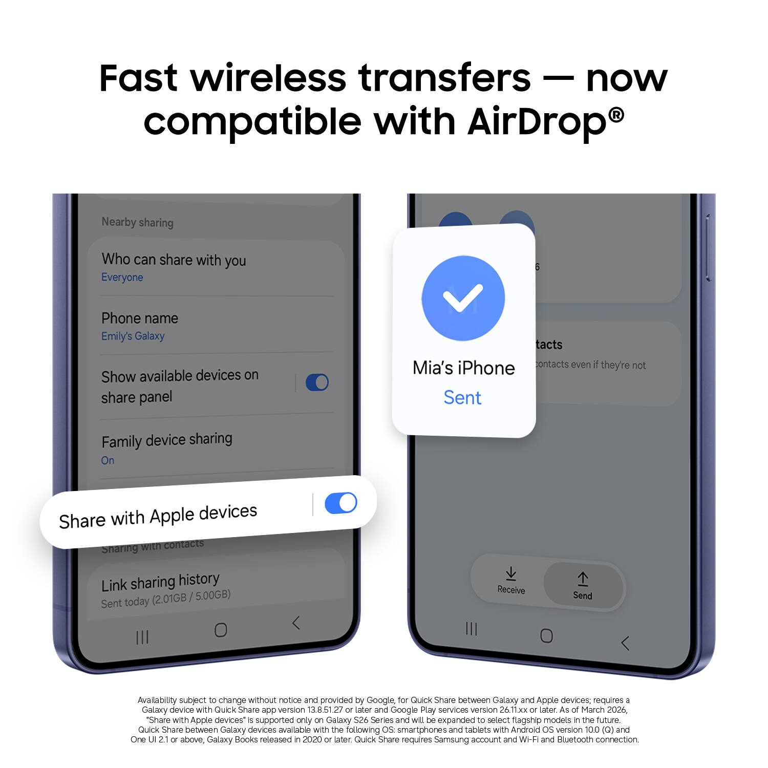 Fast wireless transfers – now compatible with AirDrop®

- Who can share with you: Everyone
- Phone name: Emily's Galaxy
- Show available devices on share panel
- Family device sharing: On

Share with Apple devices

Link sharing history
Sent today (2.01GB / 5.00GB)

Sent
Mia's iPhone

Availability subject to change without notice and provided by Google. For Quick Share between Galaxy and Apple devices requires a Galaxy device with Quick Share app version 13.8.51.27 or later and Google Play services version 26.11.xx or later. As of March 2026, "Share with Apple devices" is supported only on Galaxy 526 Series and will be expanded to select flagship models in the future. Quick Share between Galaxy devices available with the following OS: smartphones and tablets with Android OS version 10.0 (Q) and One UI 2.1 or above, Galaxy Books released in 2020 or later. Quick Share requires Samsung account and Wi-Fi and Bluetooth connection.