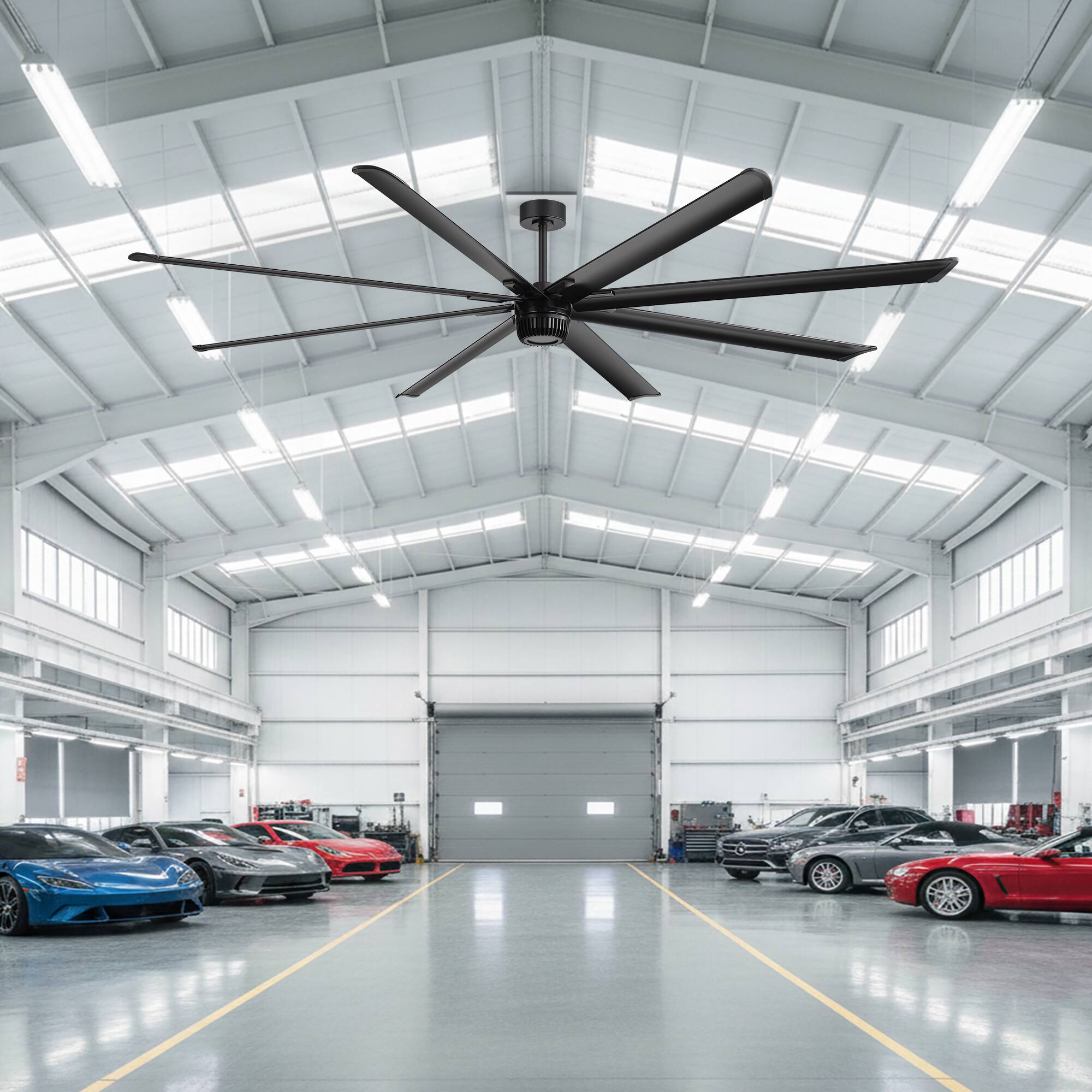 Back. Breezary - 100-Inch Industrial Ceiling Fan ,8 Aluminum Blades , 5"/10" Downrod,Remote Control - 100-inch black ceiling fan.