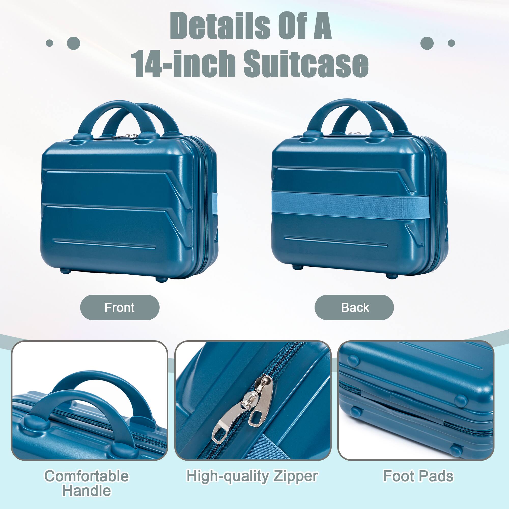 Details Of A 14-inch Suitcase

Front
Back
Comfortable Handle
High-quality Zipper
Foot Pads