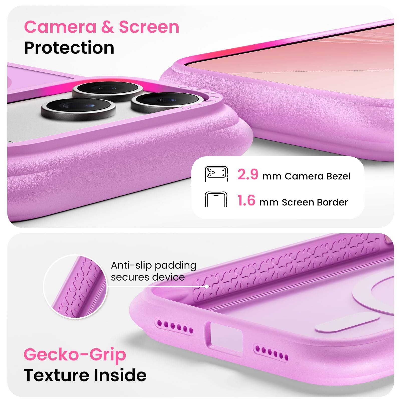 Camera & Screen Protection

2.9 mm Camera Bezel

1.6 mm Screen Border

Anti-slip padding secures device

Gecko-Grip Texture Inside