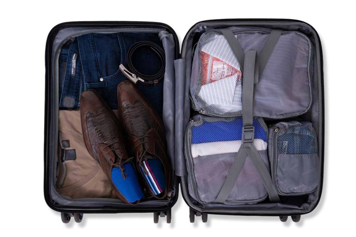 Left. Nonstop - New York Elite Lightweight Expandable 3 Piece spinner (19.4/23.4/28) with 3 packing cubes - Navy, 3 Pc Set + Powerbank - Denim.