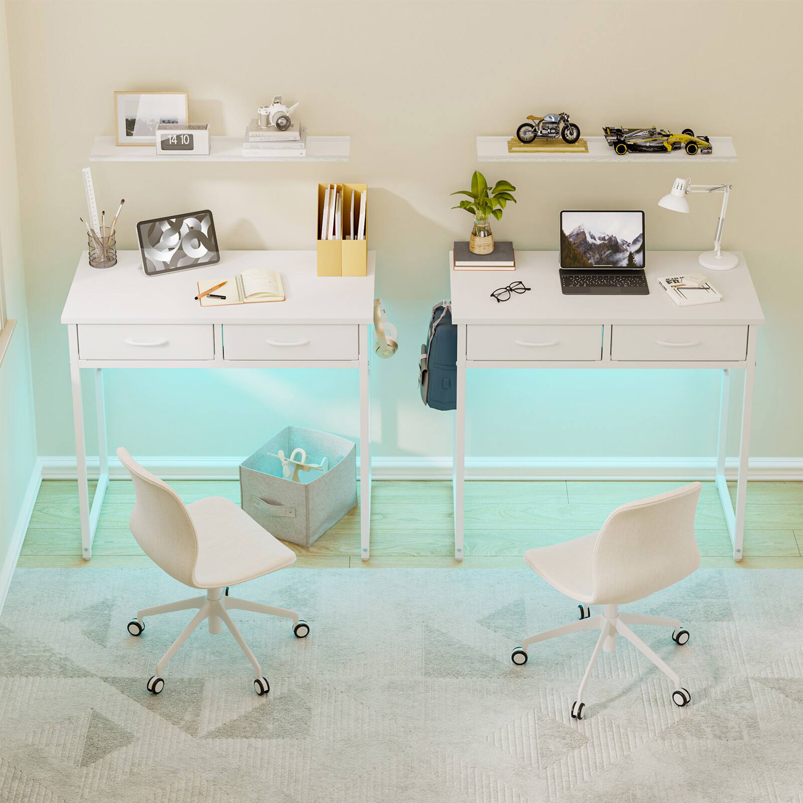 Left. Pinmoco - Pinmoco - 32 Inch LED Writing Desk Office Desk Computer Desk Kids Study Desk Vanity Desk with RGB Lights & Smart Storage - White.