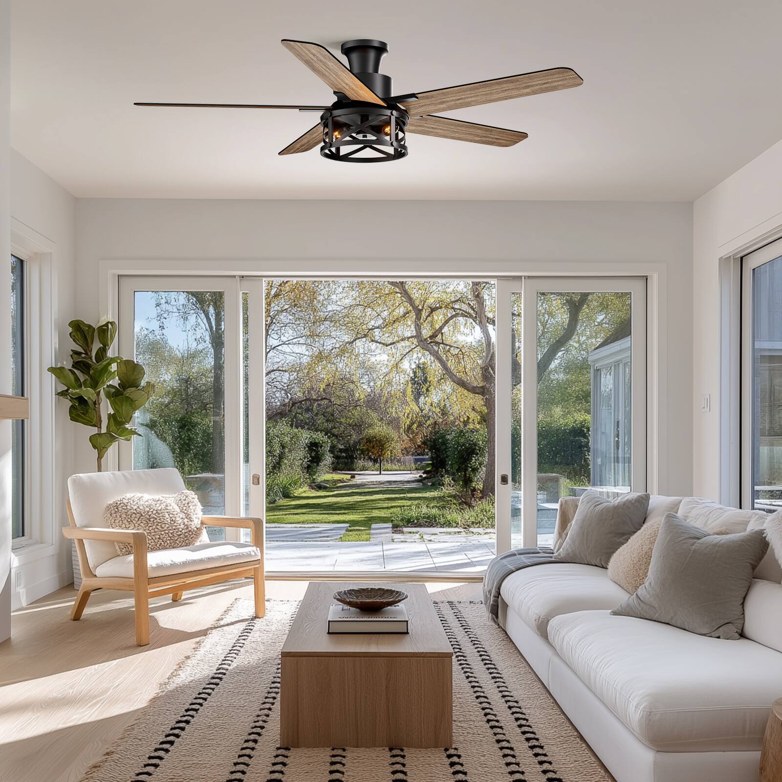 Alt View 5. Siljoy - 52-inch Modern Farmhouse Cage Flush Mount Fan with Light APP & Remote Control for Indoor Covered Patio - Matte Black.