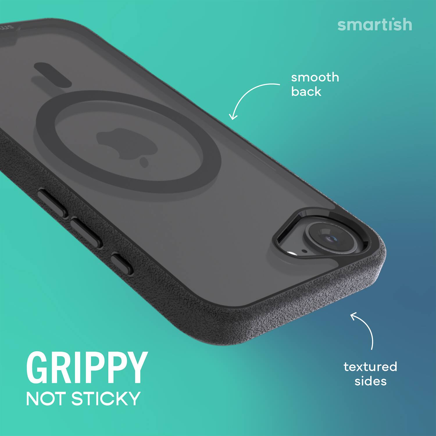 smartish  
smooth back  
GRIPPY NOT STICKY  
textured sides