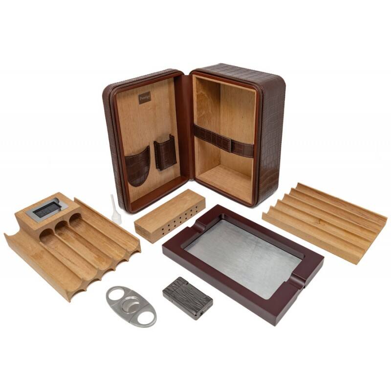 Alt View 1. Prestige - Manhattan XL Travel Humidor (Brown) - Brown Crocodile Pattern Leather.