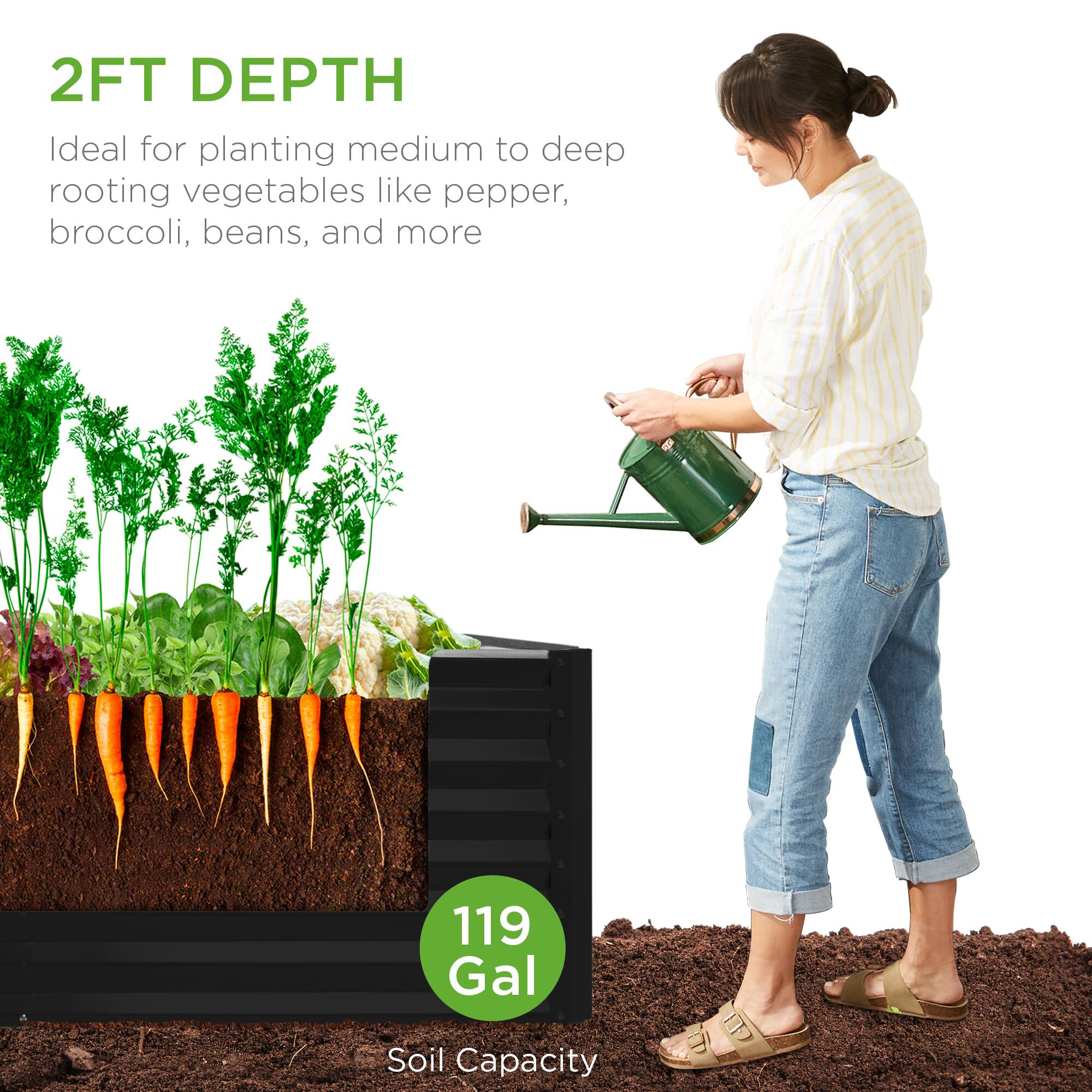 2FT DEPTH  
Ideal for planting medium to deep rooting vegetables like pepper, broccoli, beans, and more  

119 Gal  
Soil Capacity