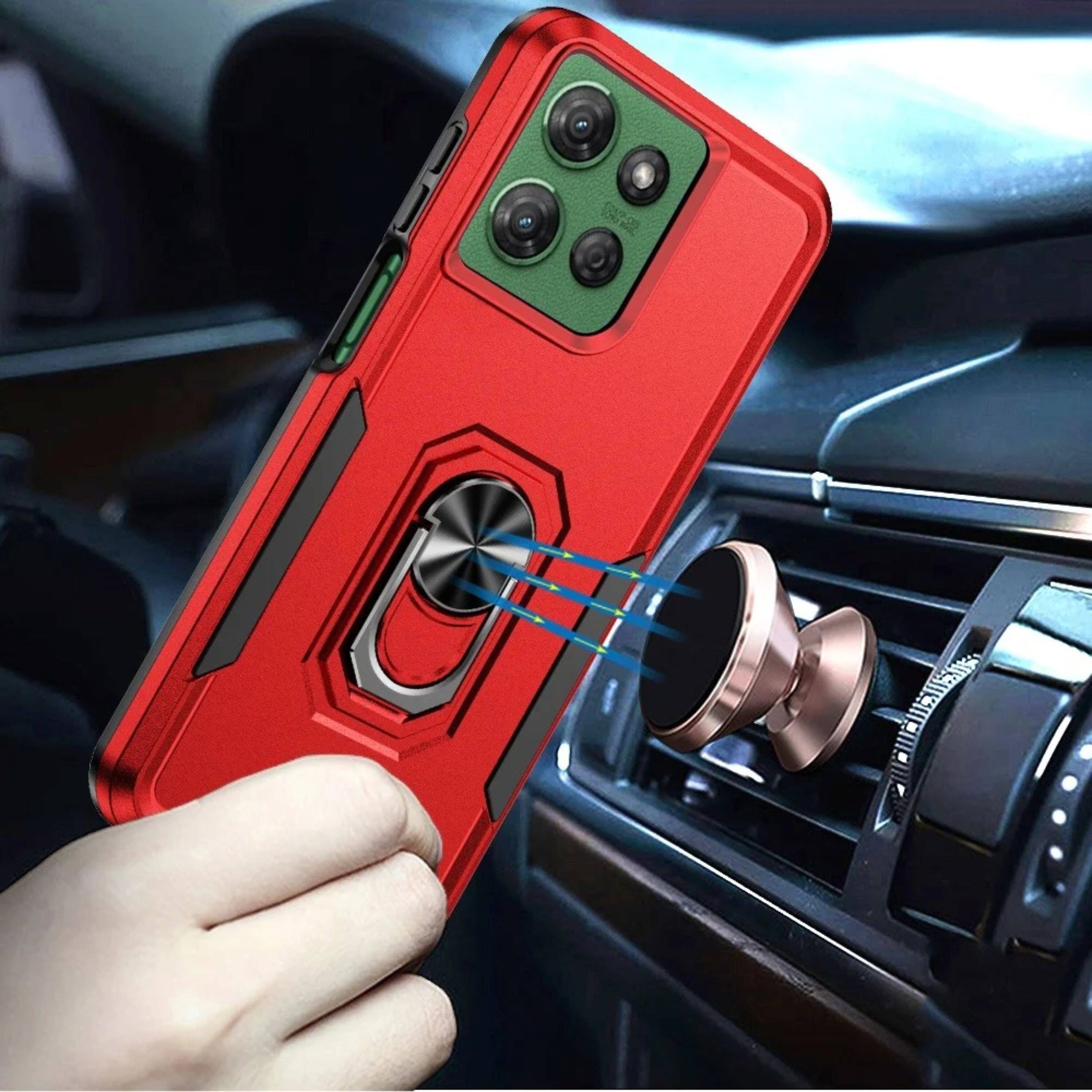 Angle. Kitcheniva - Rugged Fused Metal Ring Stand Case With Tempered Glass For Moto G Power 2025/2026 Red - Red.