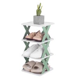 Unique Bargains - 4-Tier Plastic Shoe Rack, Vertical Stackable Folding Narrow Shelf for Closet Entryway Garage - Green/White