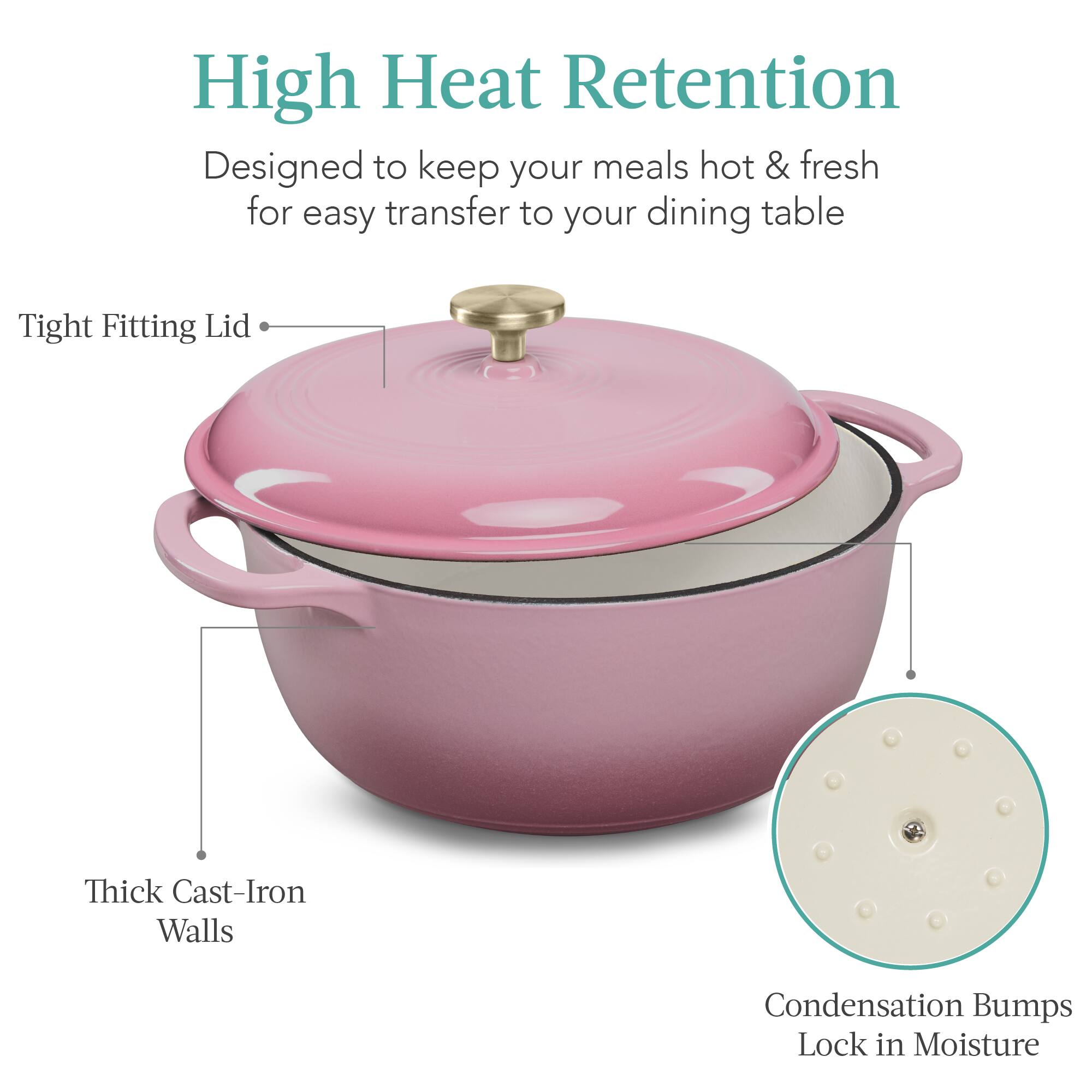 High Heat Retention  
Designed to keep your meals hot & fresh for easy transfer to your dining table  

- Tight Fitting Lid  
- Thick Cast-Iron Walls  
- Condensation Bumps Lock in Moisture