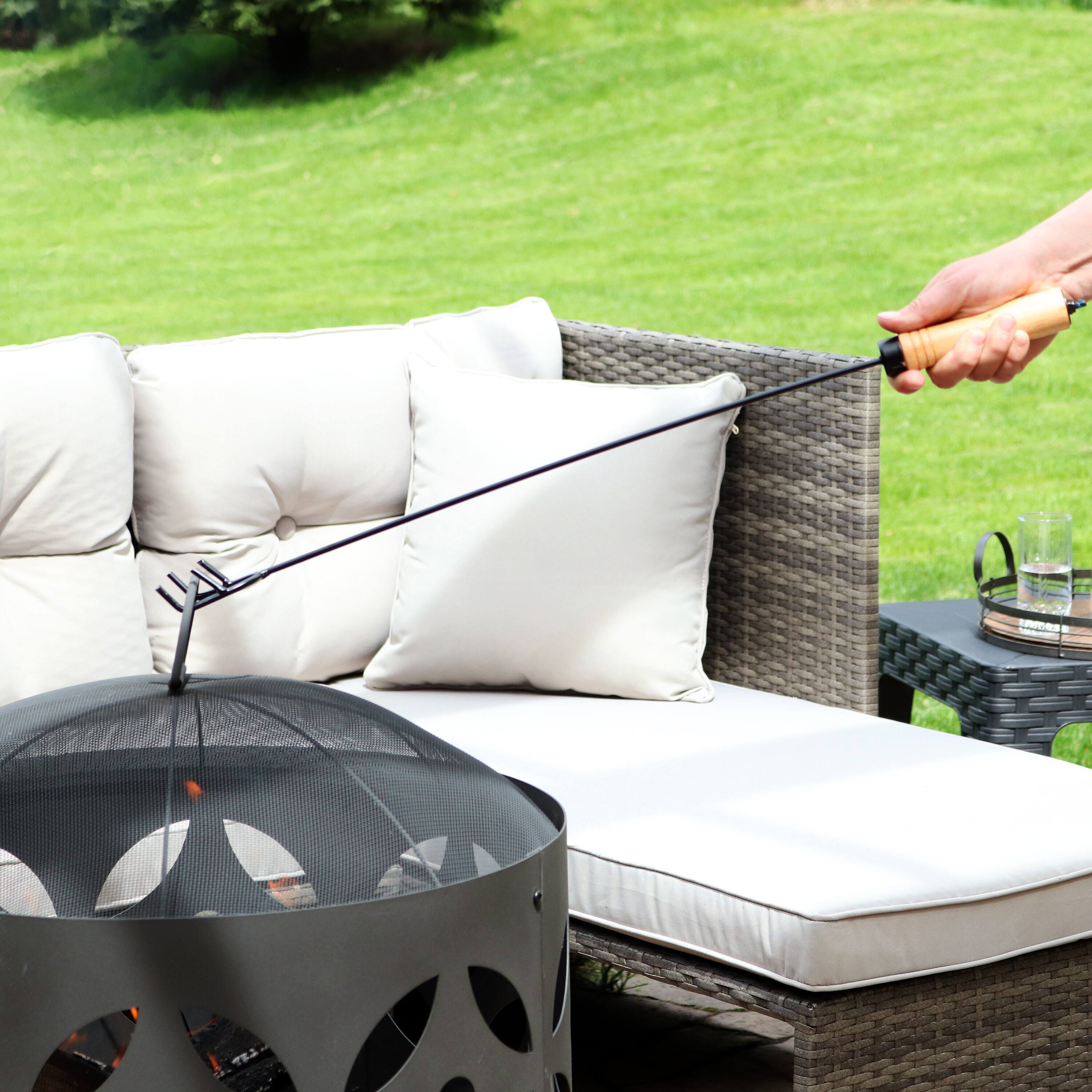Alt View 1. Sunnydaze - 26 in Steel Outdoor Fire Pit Poker with Hook and Wooden Handle - Black.