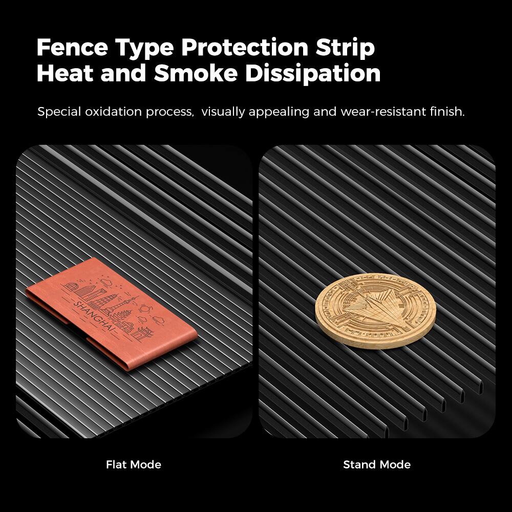 The image features a coin placed on a fence type protection strip, which is designed to dissipate heat and smoke. The strip has a special oxidation process that provides a visually appealing and wear-resistant finish. The strip is available in two modes: Flat Mode and Stand Mode.