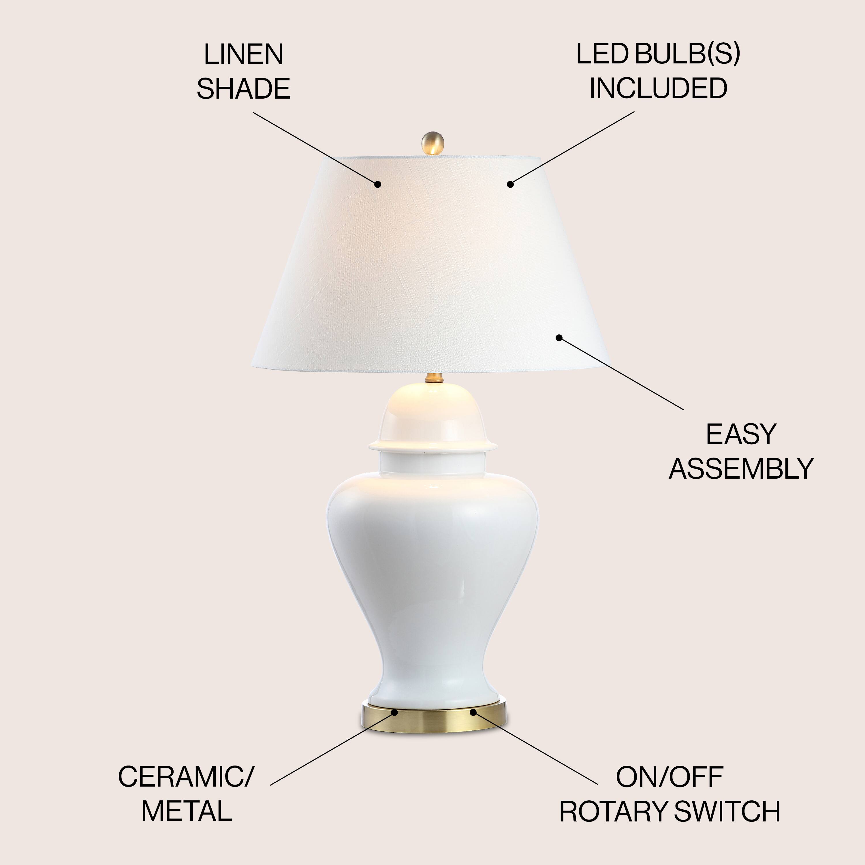 LINEN SHADE  
LED BULB(S) INCLUDED  
EASY ASSEMBLY  
CERAMIC/ METAL  
ON/OFF ROTARY SWITCH